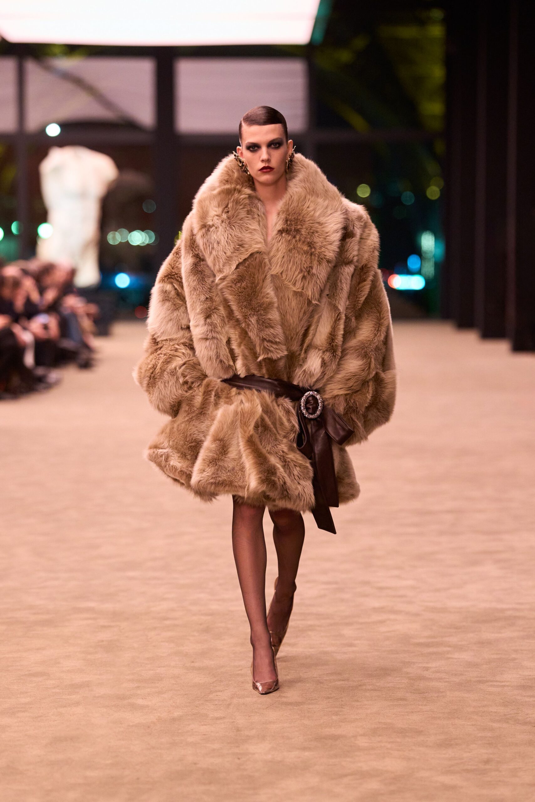 brown faux-fur oversized belted midi coat