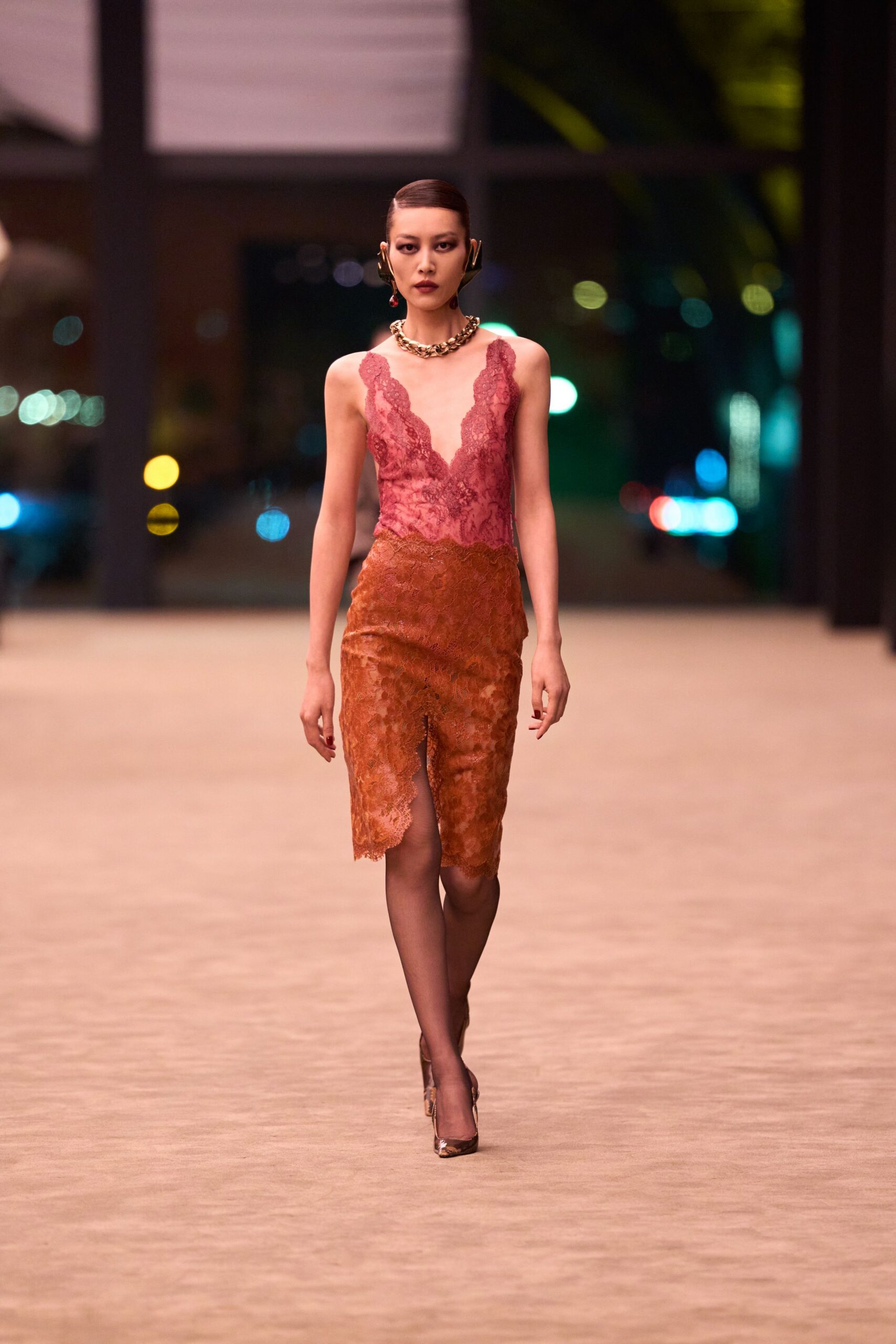 orange lace sleeveless v-neck fitted ruched midi dress