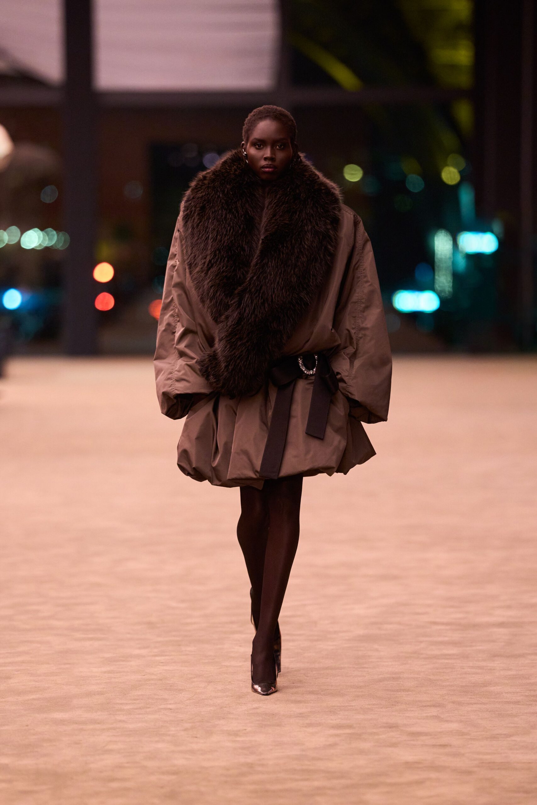 brown faux-fur long-sleeve oversized layered coat