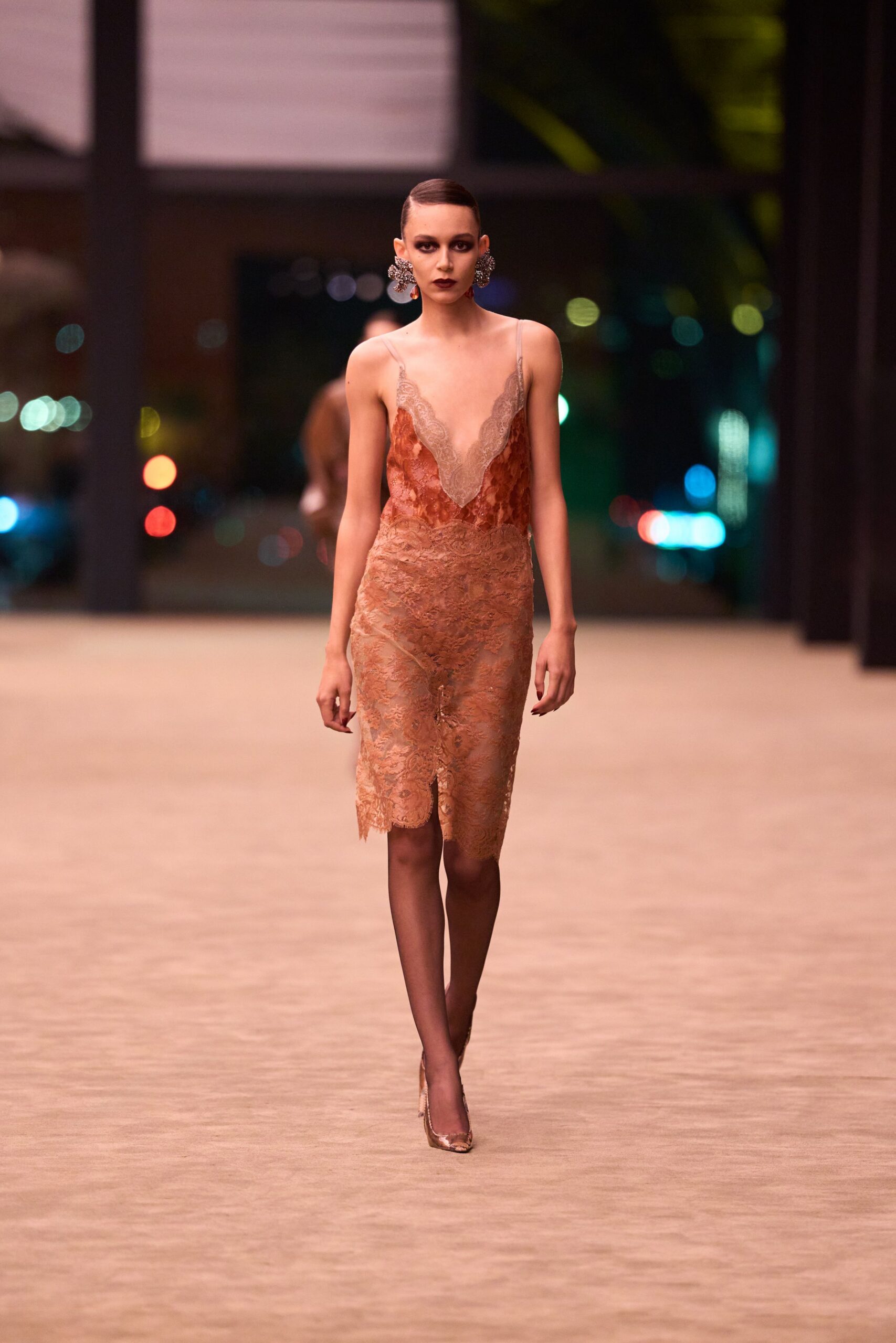 orange lace sleeveless v-neck fitted sheer flowing dress