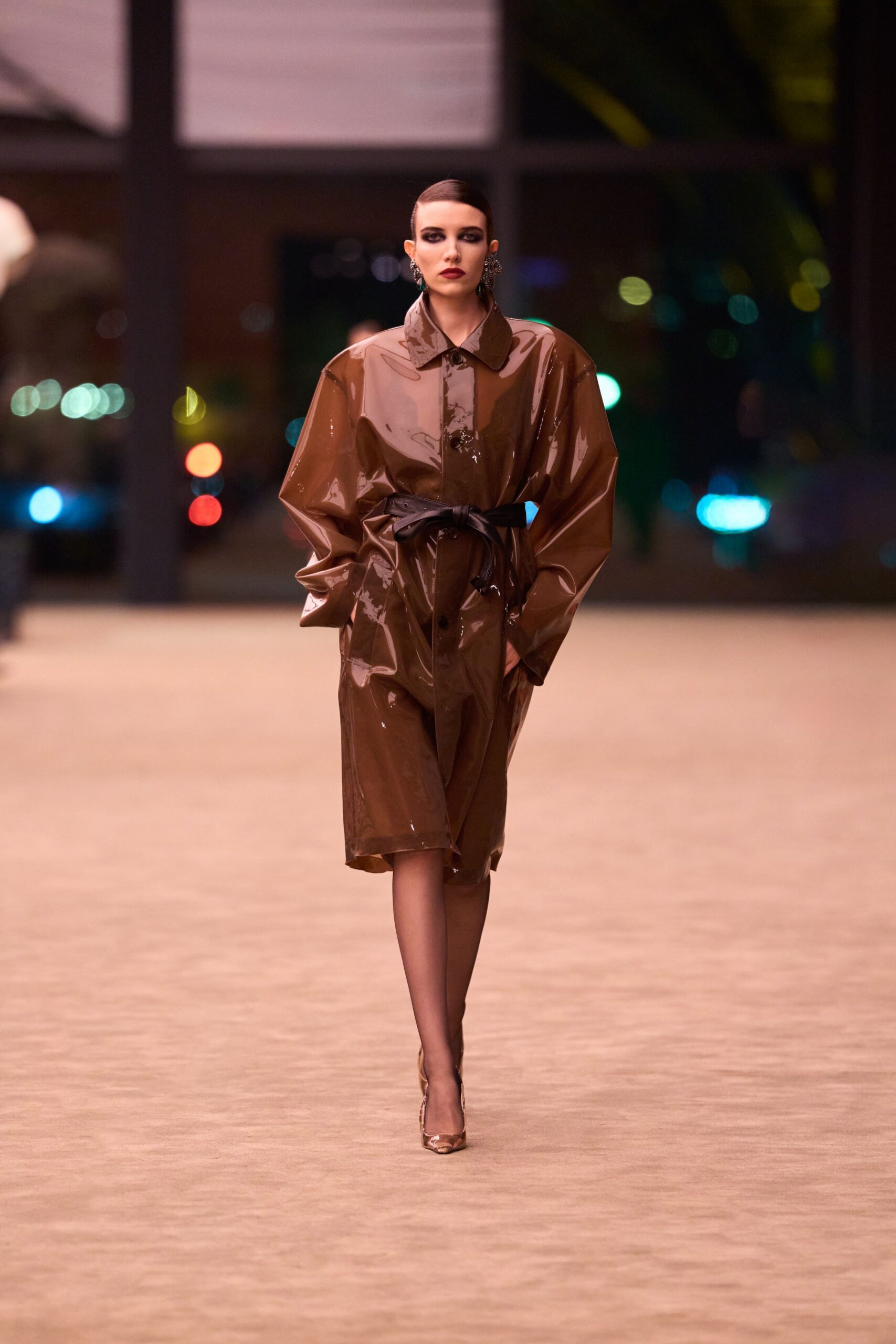 brown vinyl long-sleeve collared oversized zippered shiny coat