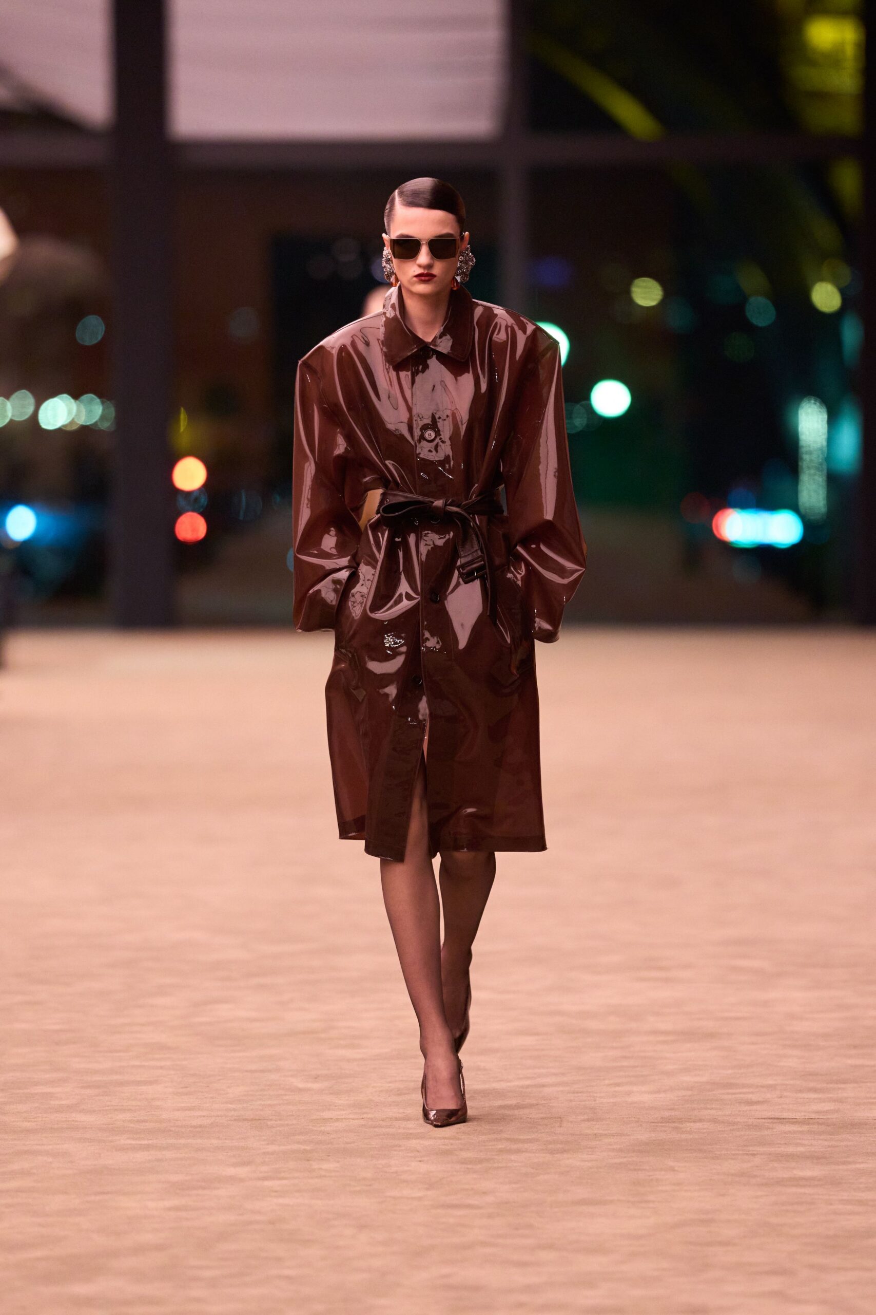 brown vinyl long-sleeve collared fitted belted shiny coat
