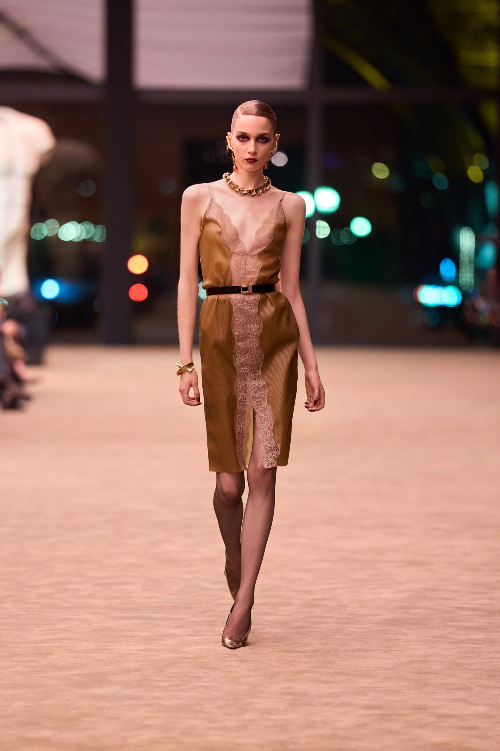 brown silk sleeveless v-neck fitted ruched belted dress