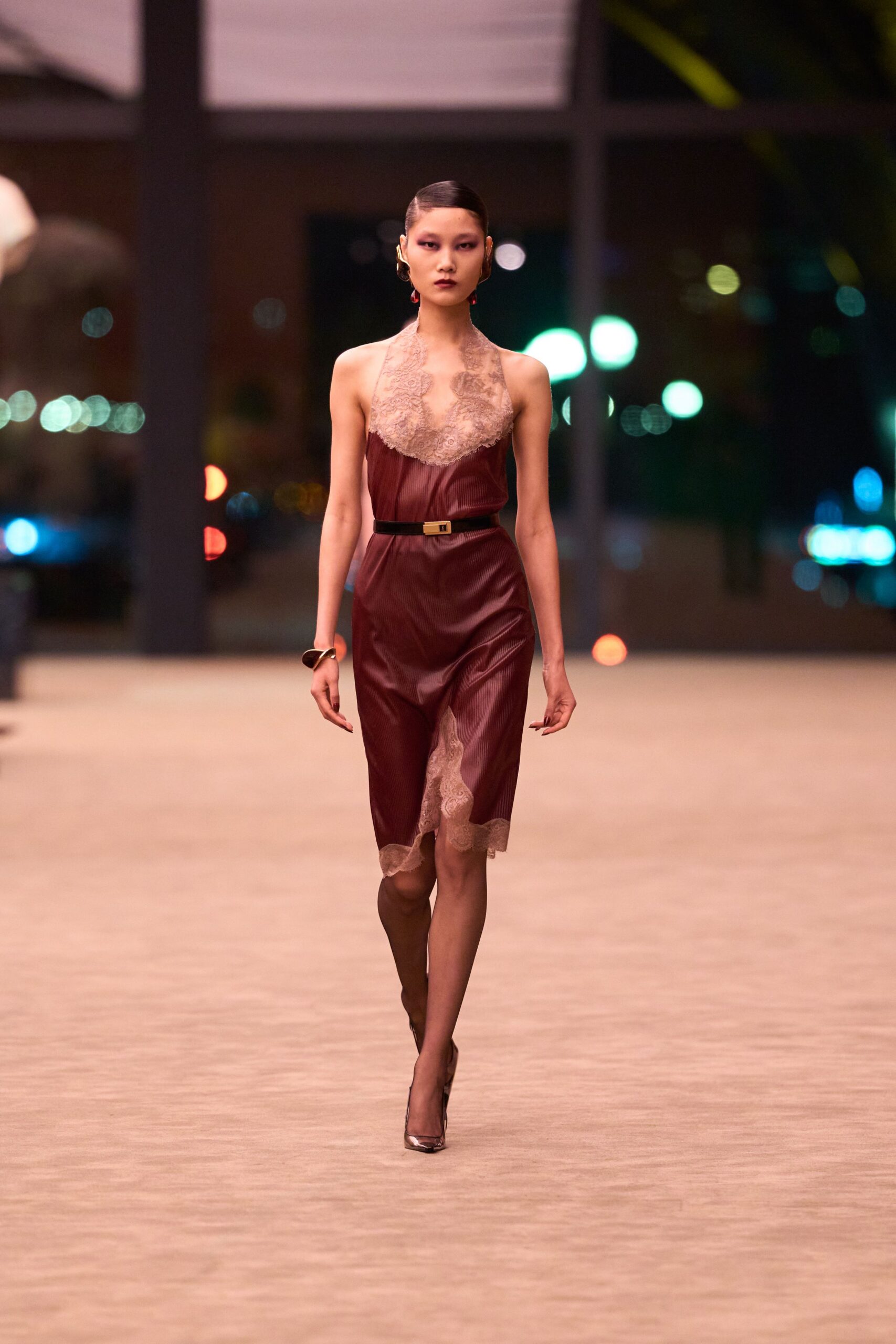 red silk sleeveless v-neck fitted tiered midi dress