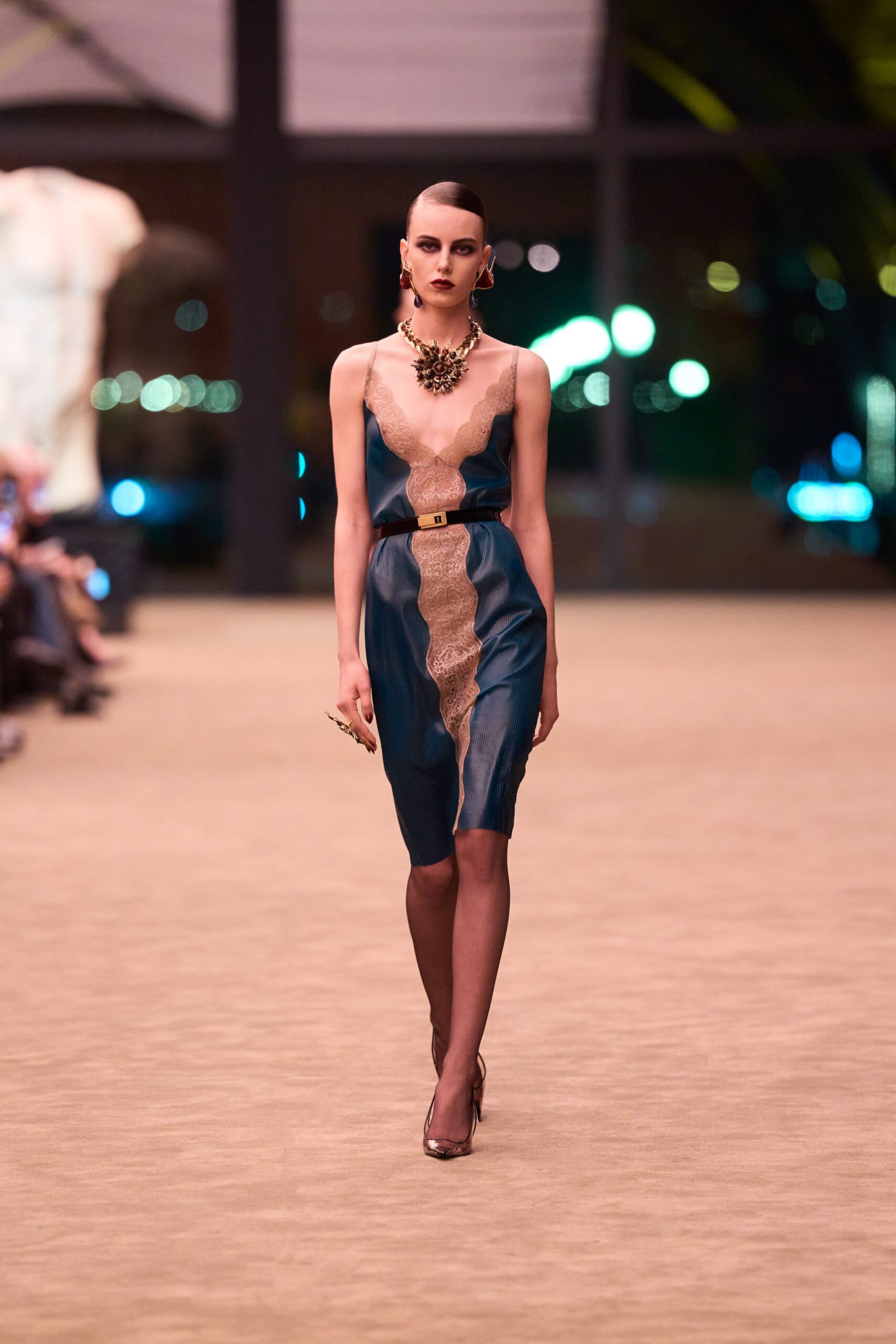 blue silk sleeveless v-neck fitted zippered belted dress