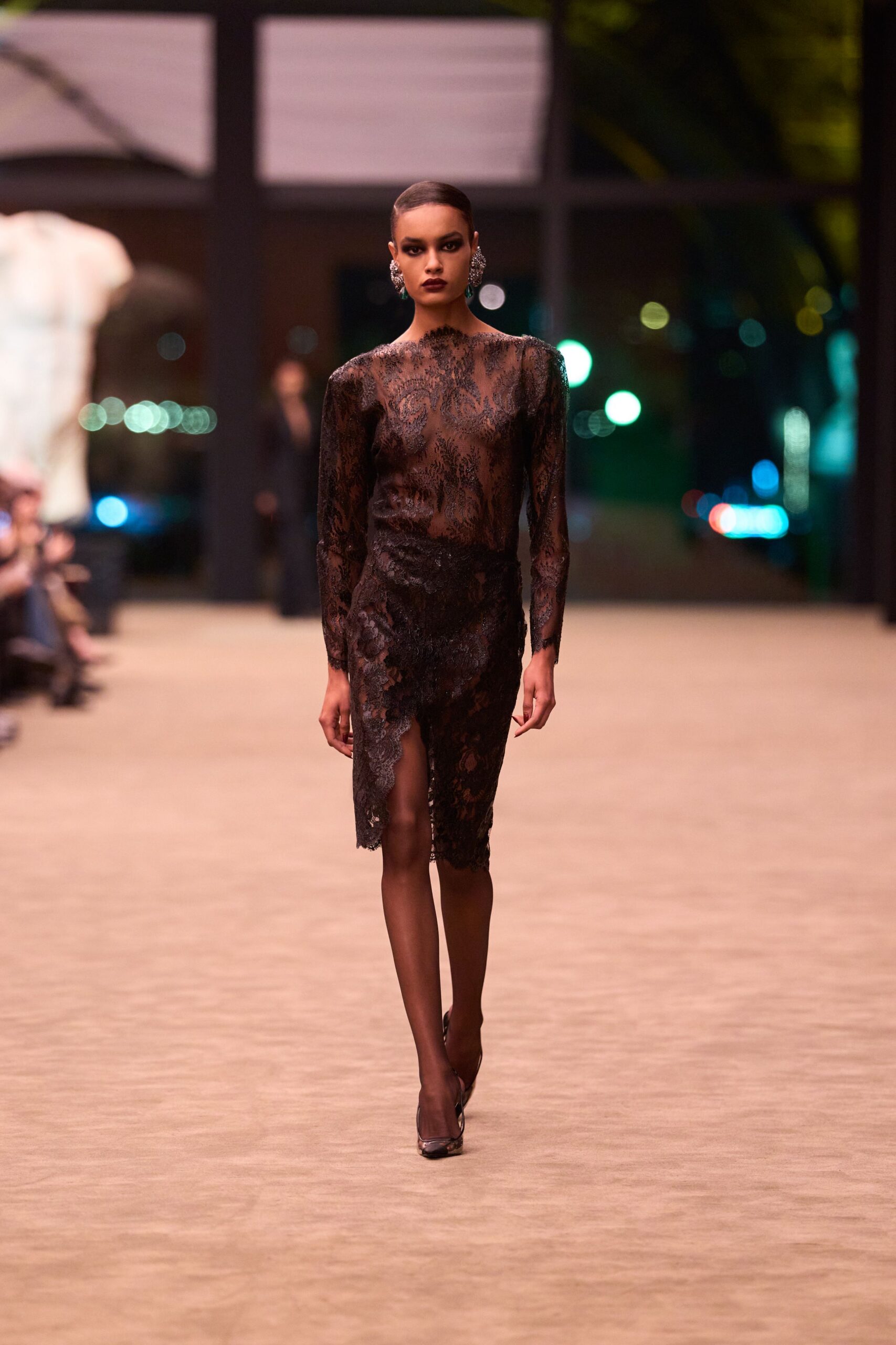 black lace long-sleeve v-neck fitted embroidered dress