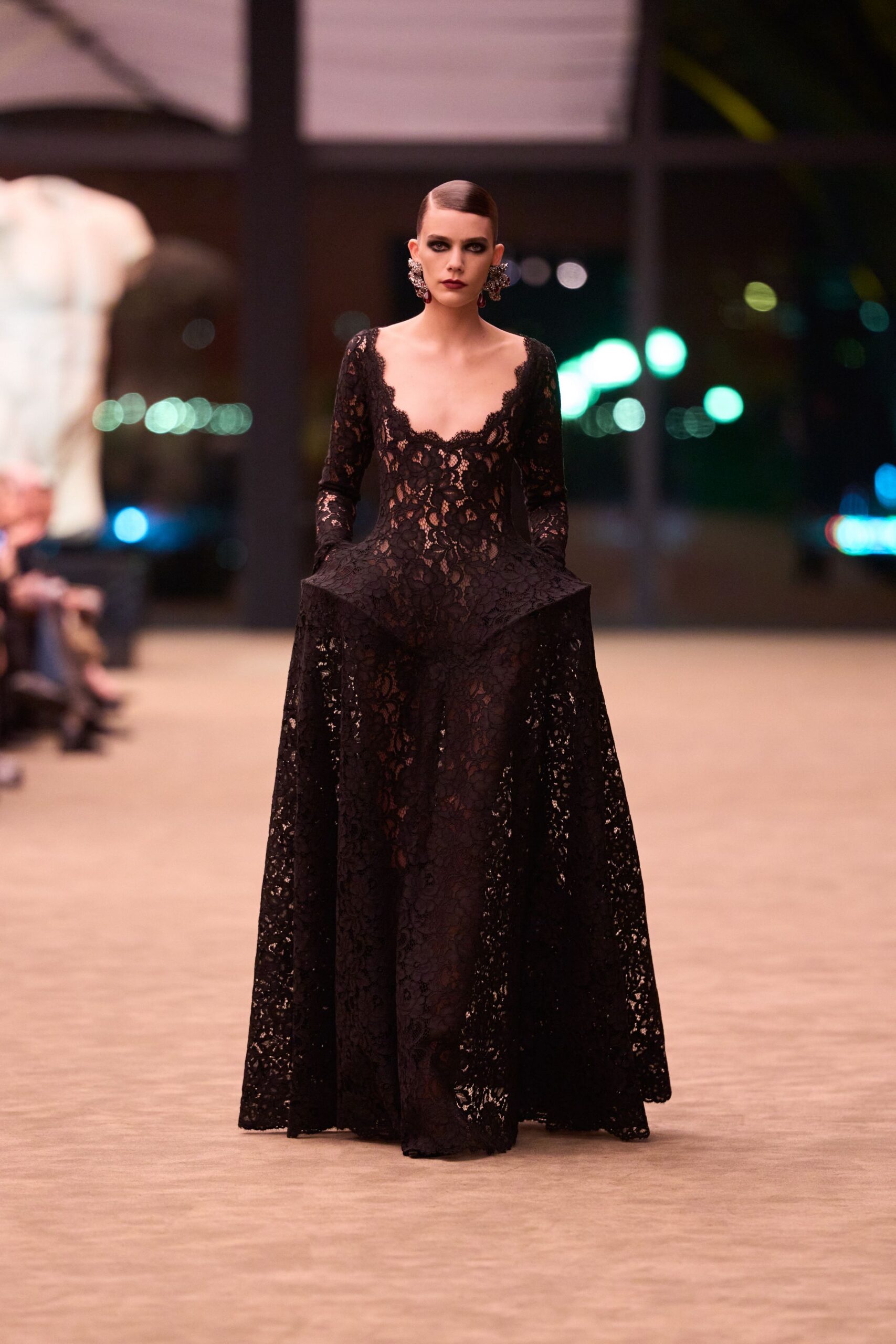 black lace long-sleeve gown