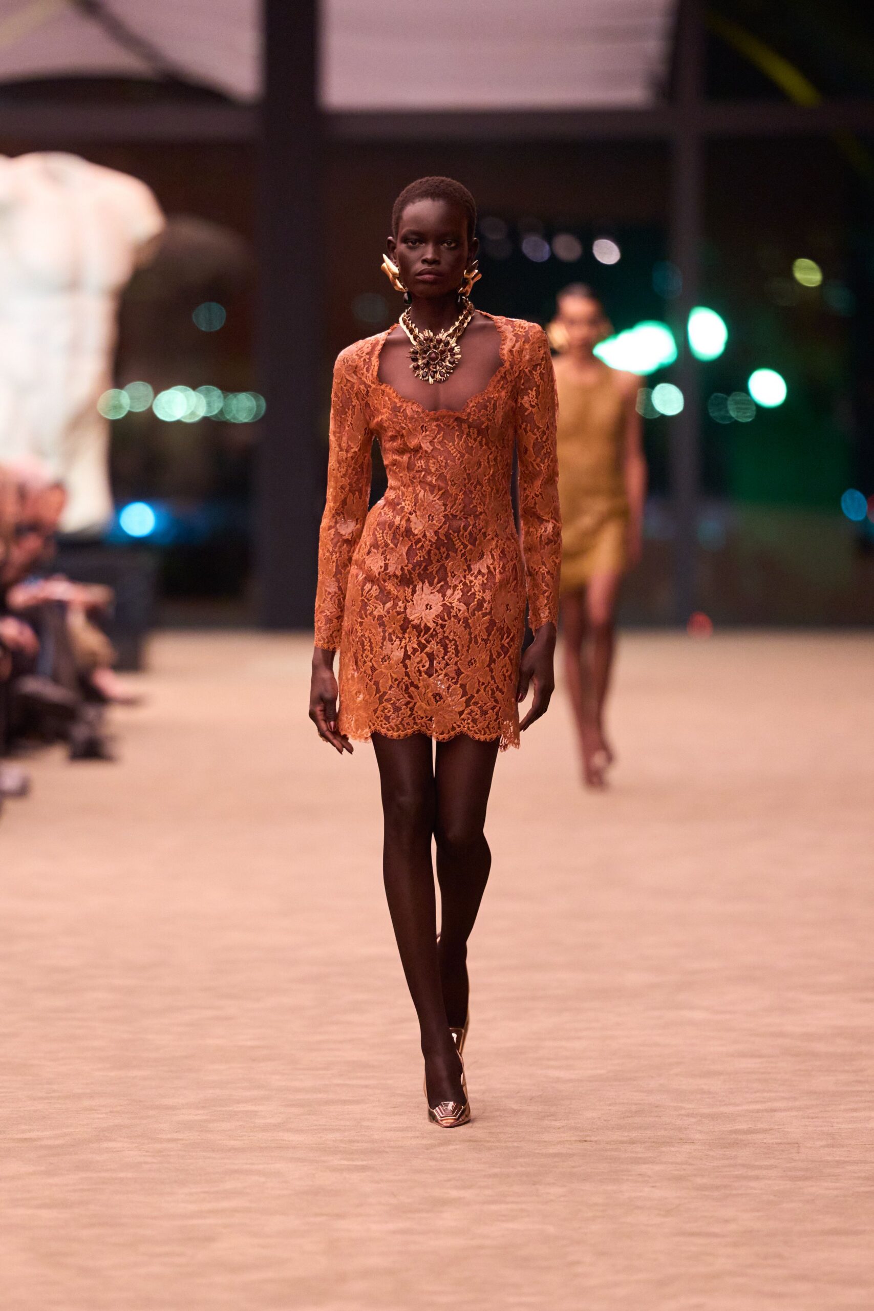 brown lace long-sleeve v-neck fitted embroidered mini dress