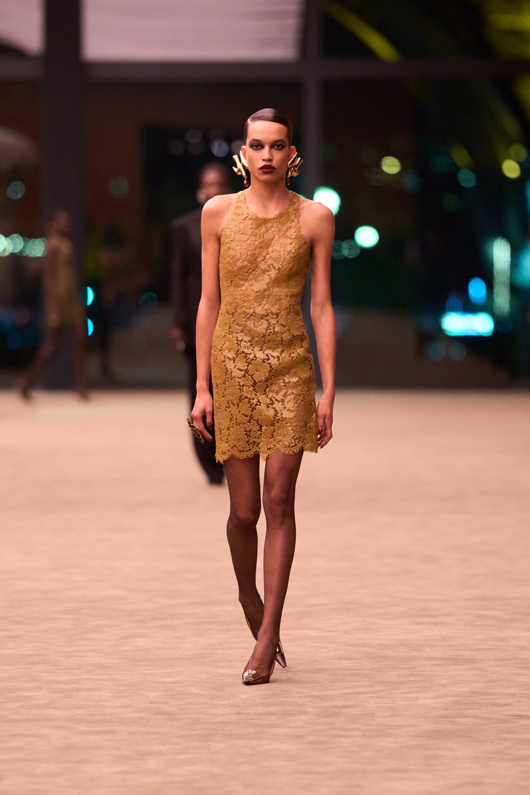 brown lace sleeveless high-neck fitted embellished mini dress