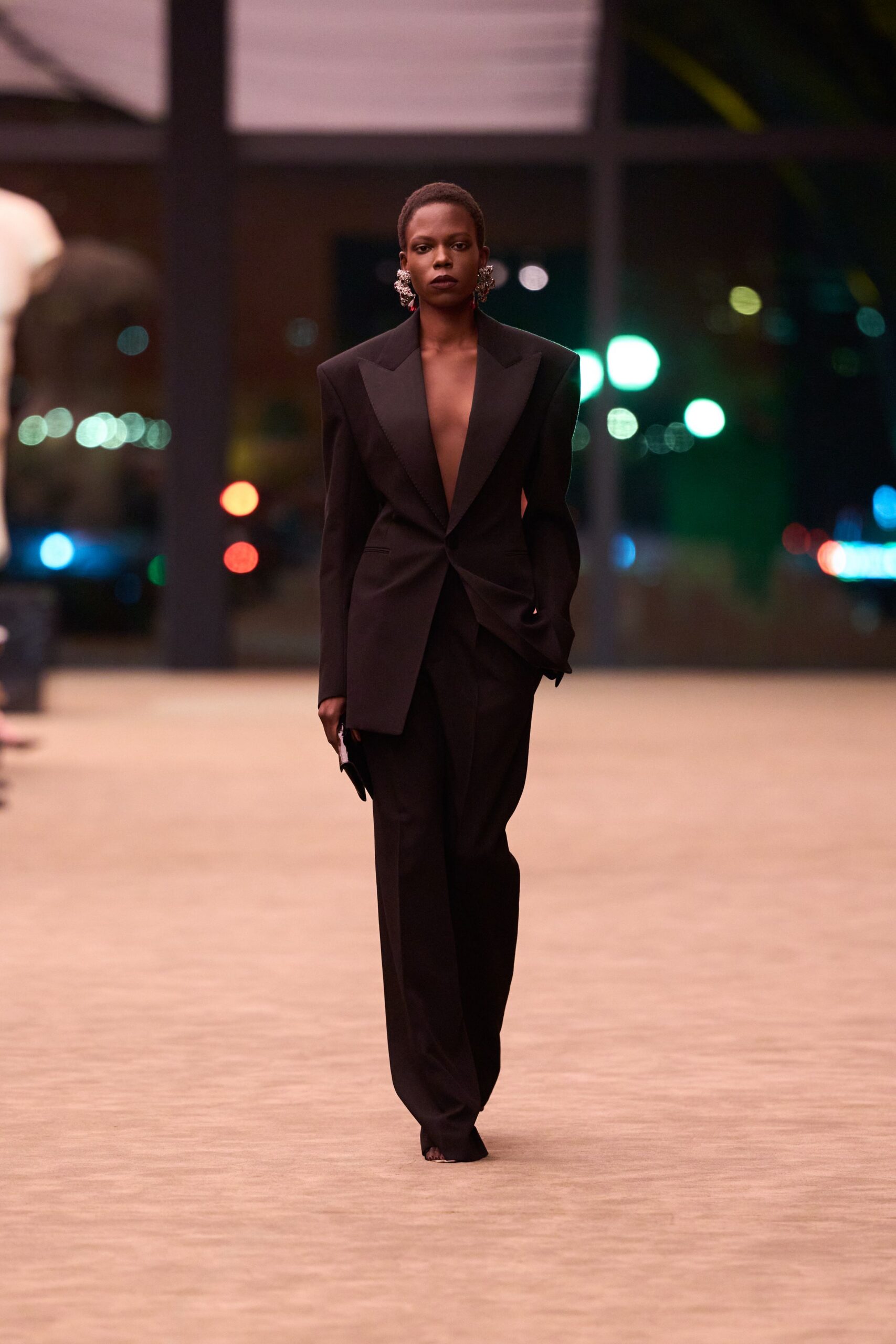 black wool long-sleeve v-neck tailored structured suit