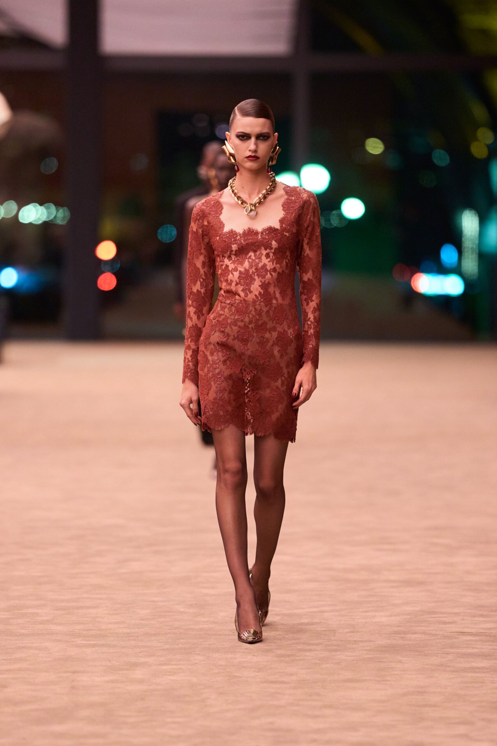 red lace long-sleeve v-neck fitted embroidered mini dress