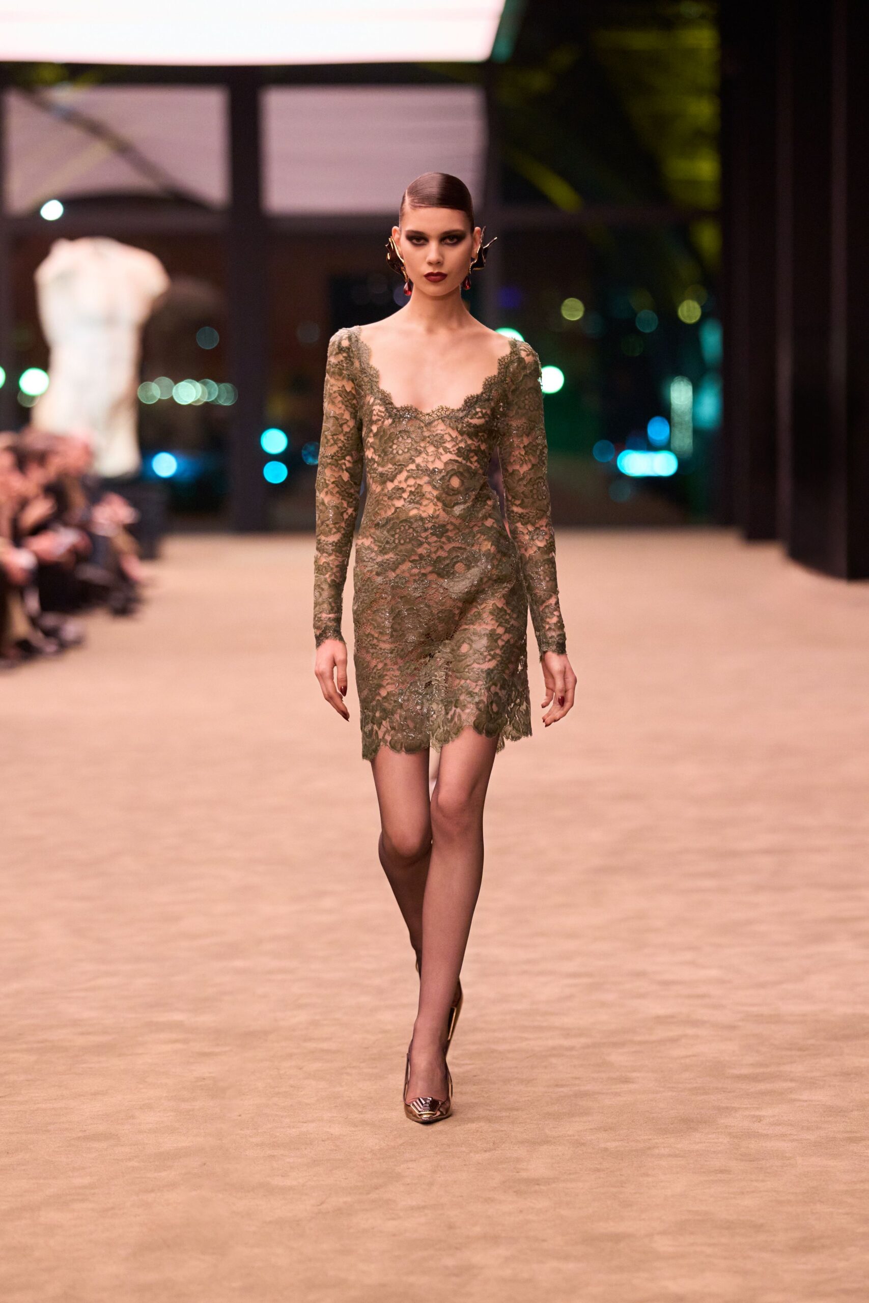 green lace long-sleeve v-neck fitted embroidered mini dress