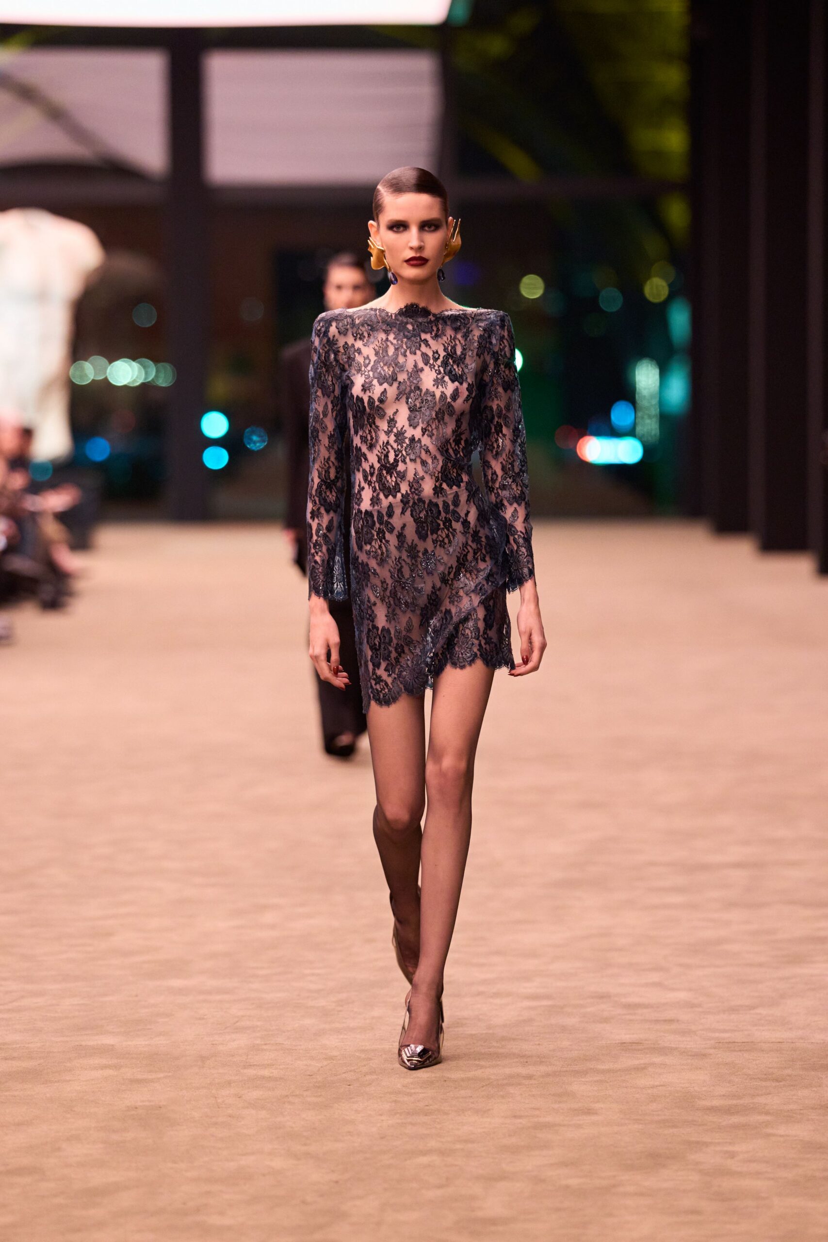 black lace long-sleeve high-neck fitted embroidered dress