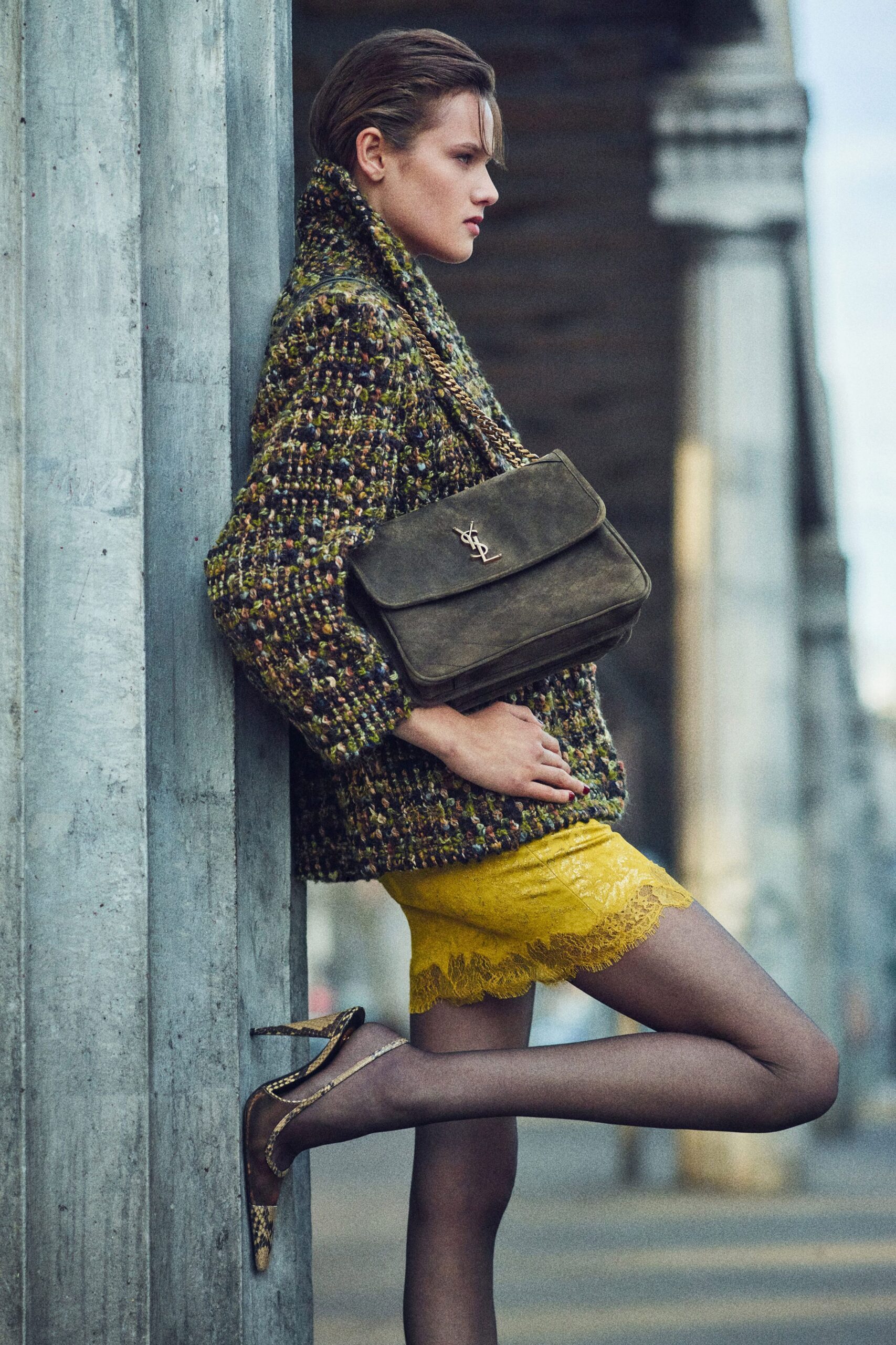 yellow tweed long-sleeve collared relaxed layered jacket