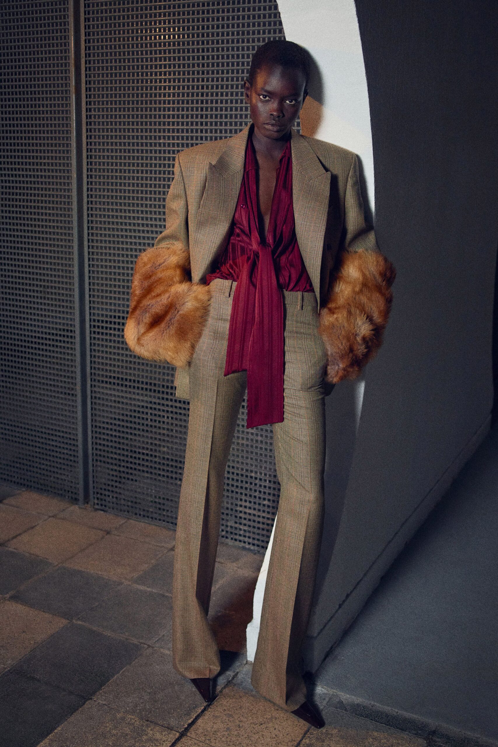 beige wool tailored high-waisted flared pants