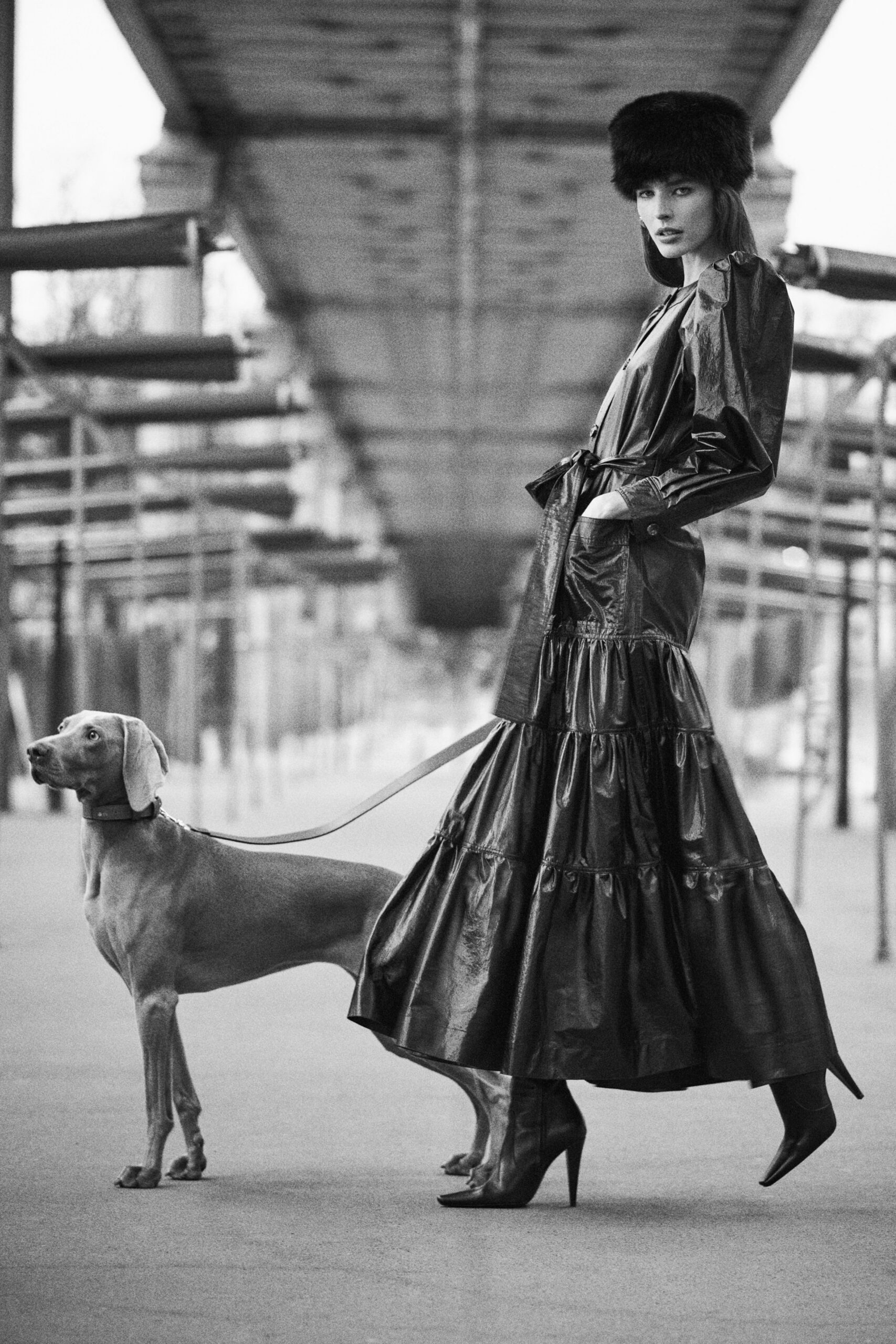 black leather long-sleeve v-neck fitted tiered maxi gown