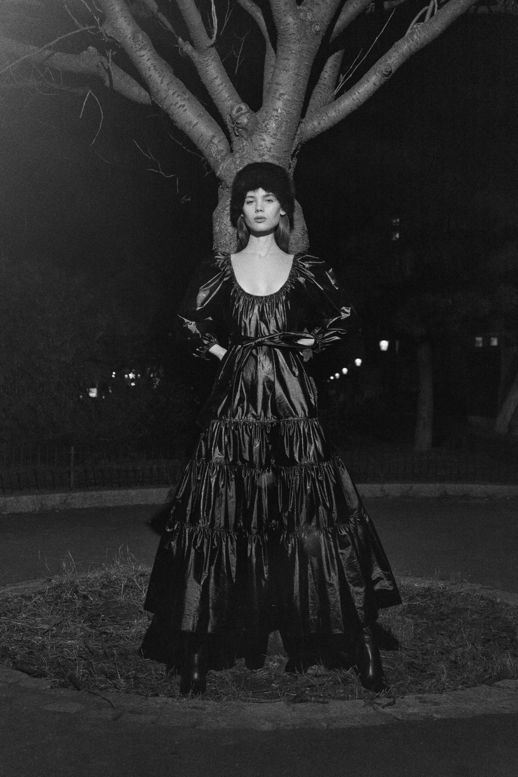 black silk long-sleeve v-neck fitted tiered ruffled gown