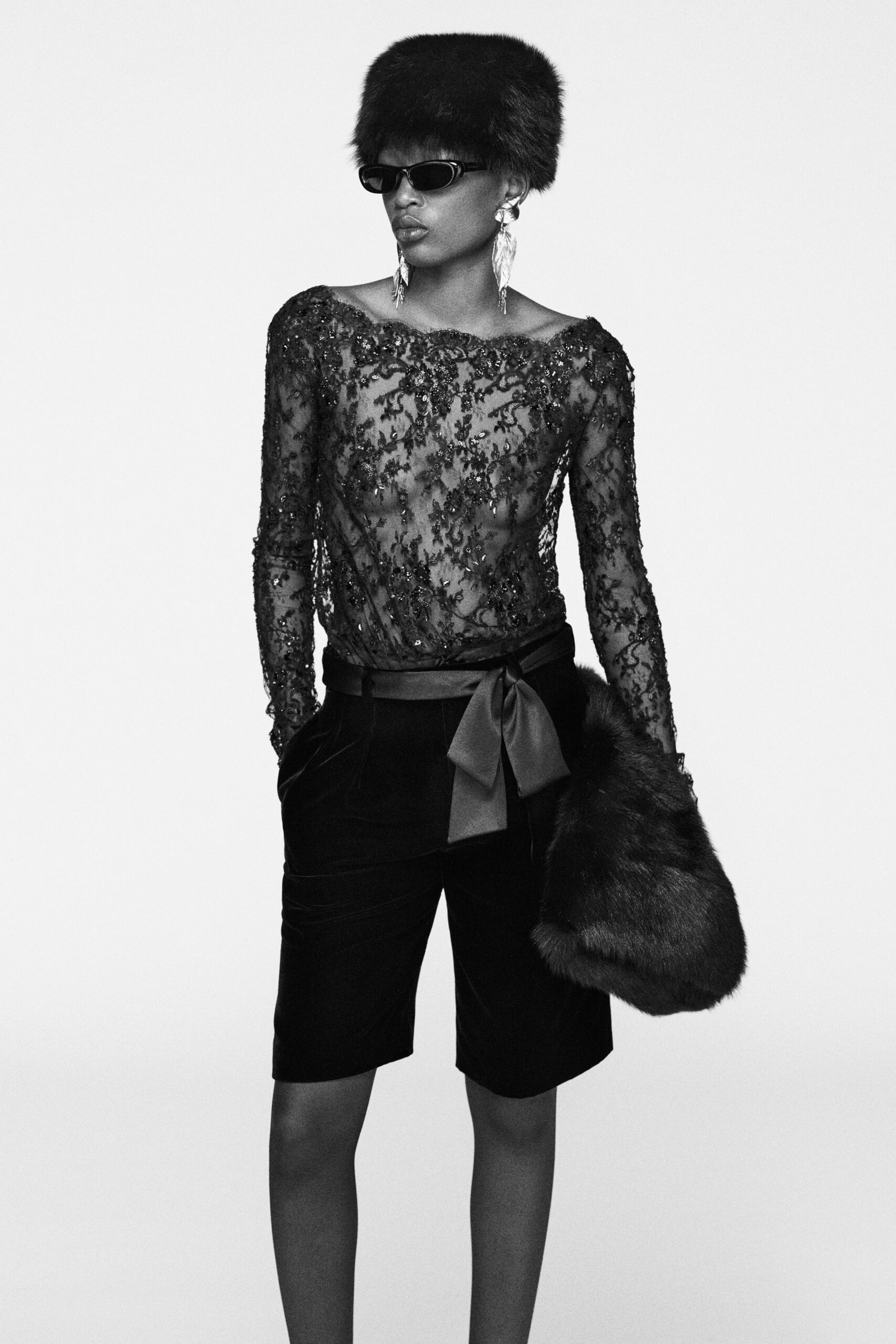 black lace long-sleeve off-shoulder fitted embroidered sheer top