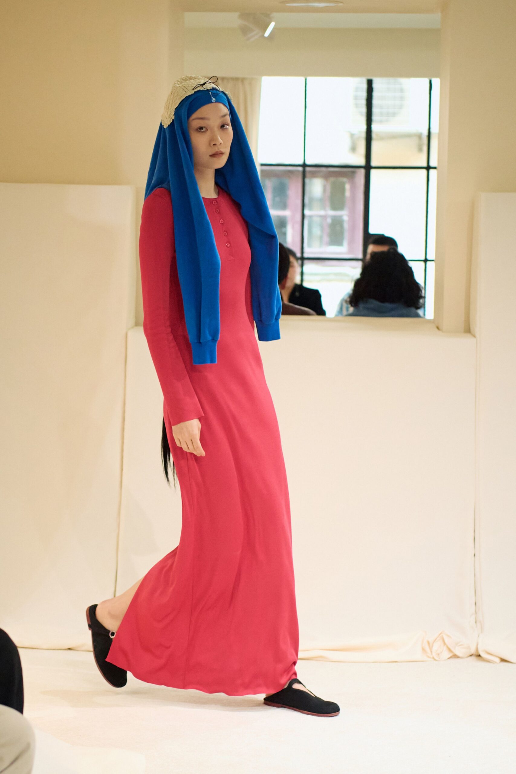 red cotton long-sleeve collared fitted maxi dress