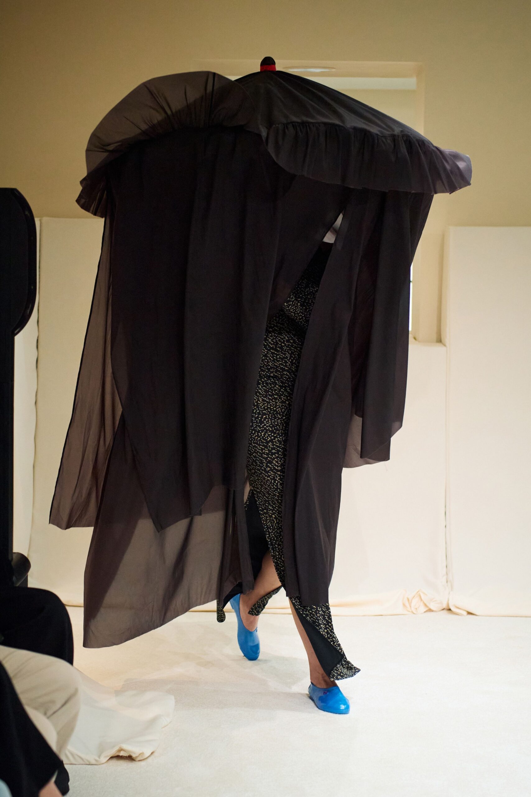 black silk long-sleeve v-neck fitted layered flowing gown