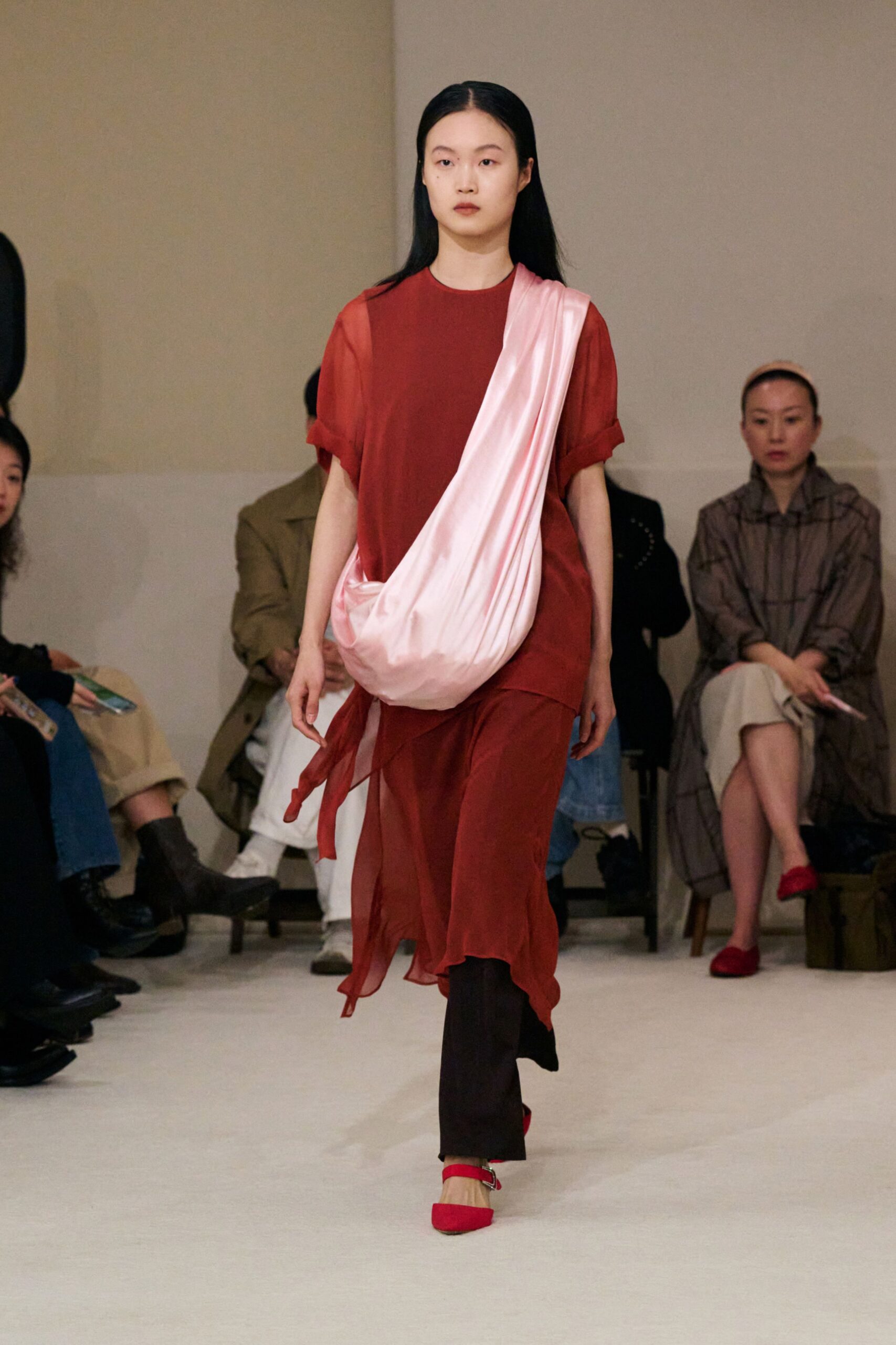 red silk short-sleeve v-neck relaxed layered flowing dress