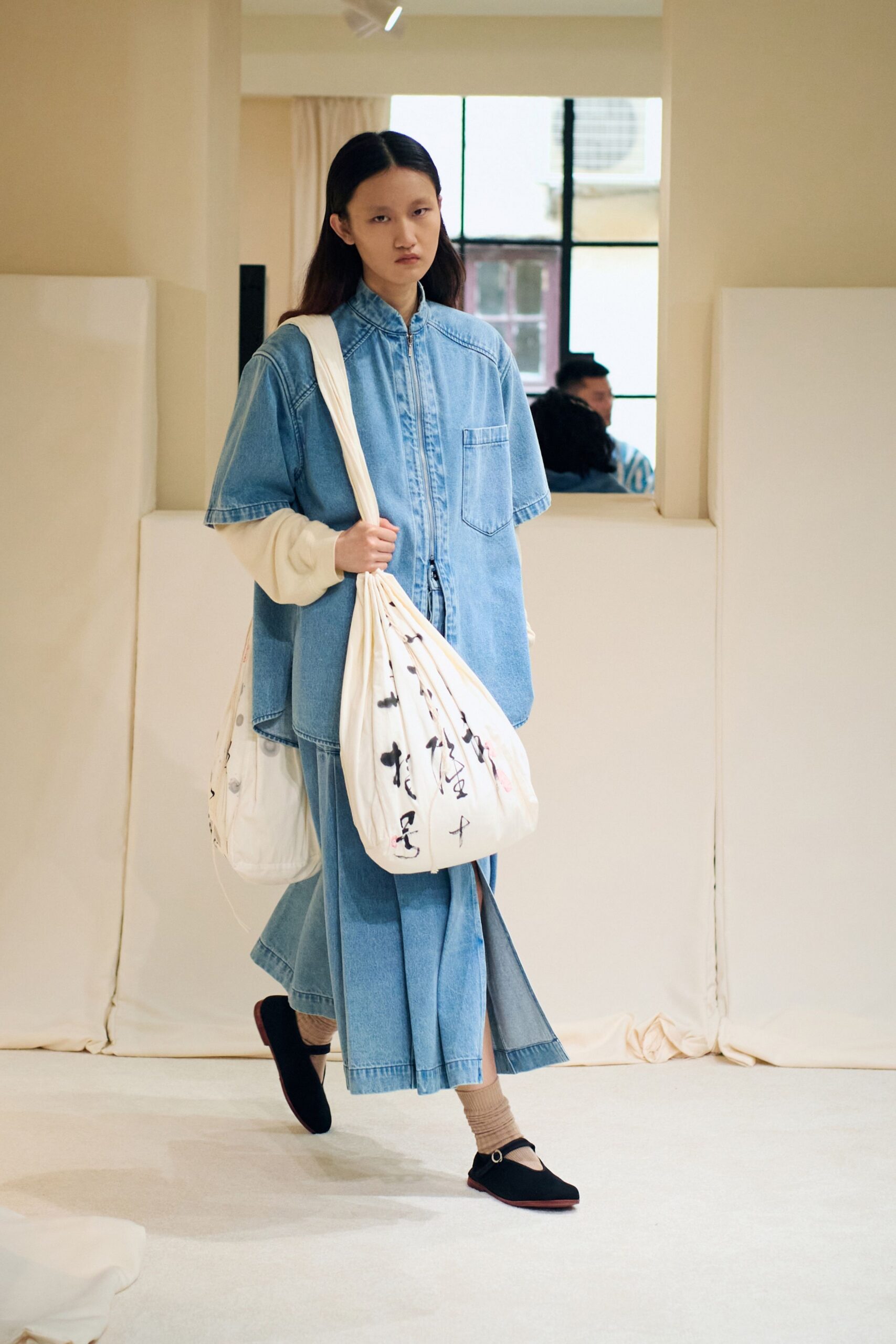blue denim long-sleeve collared relaxed buttoned tiered shirt-dress