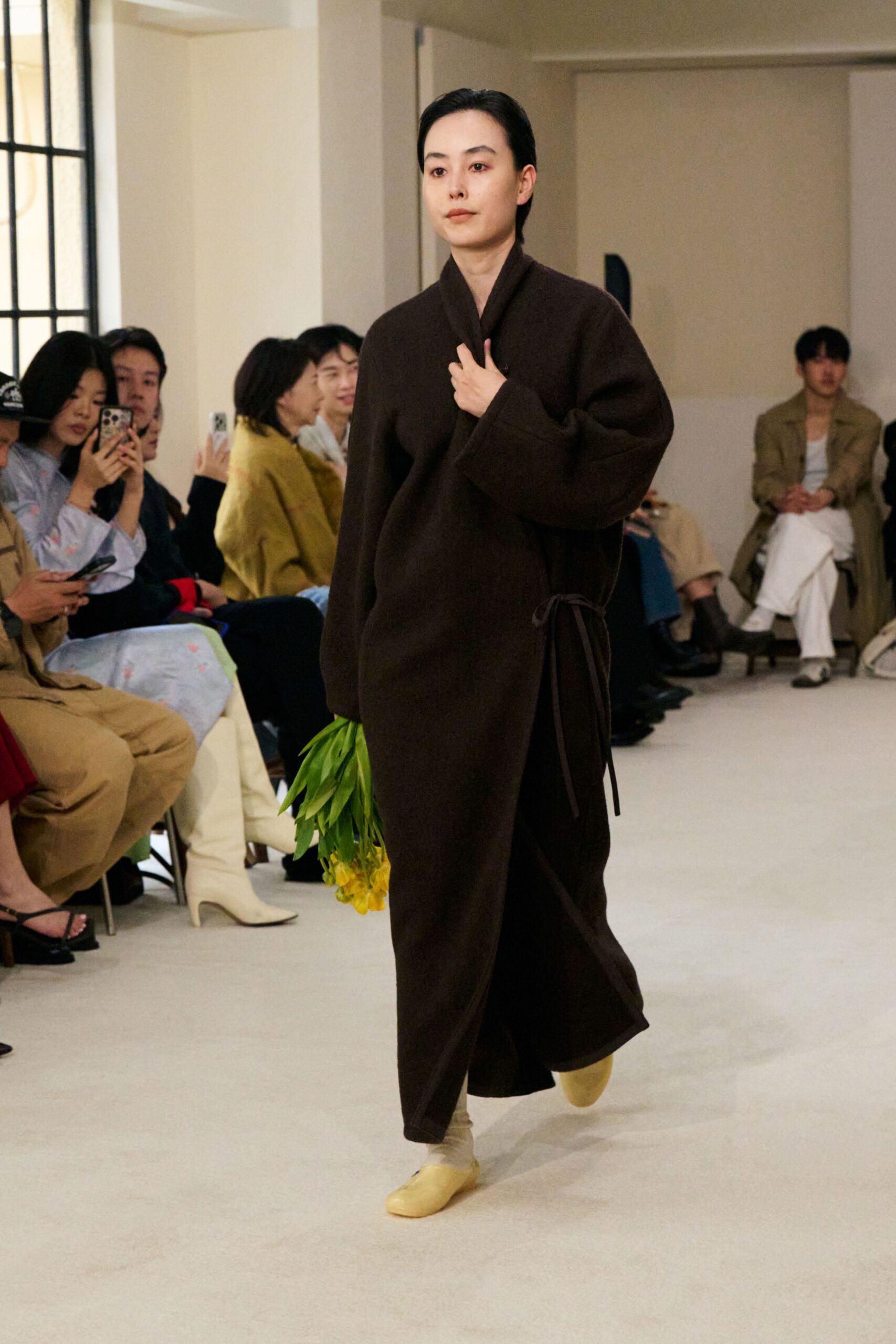 brown wool long-sleeve collared relaxed belted maxi dress