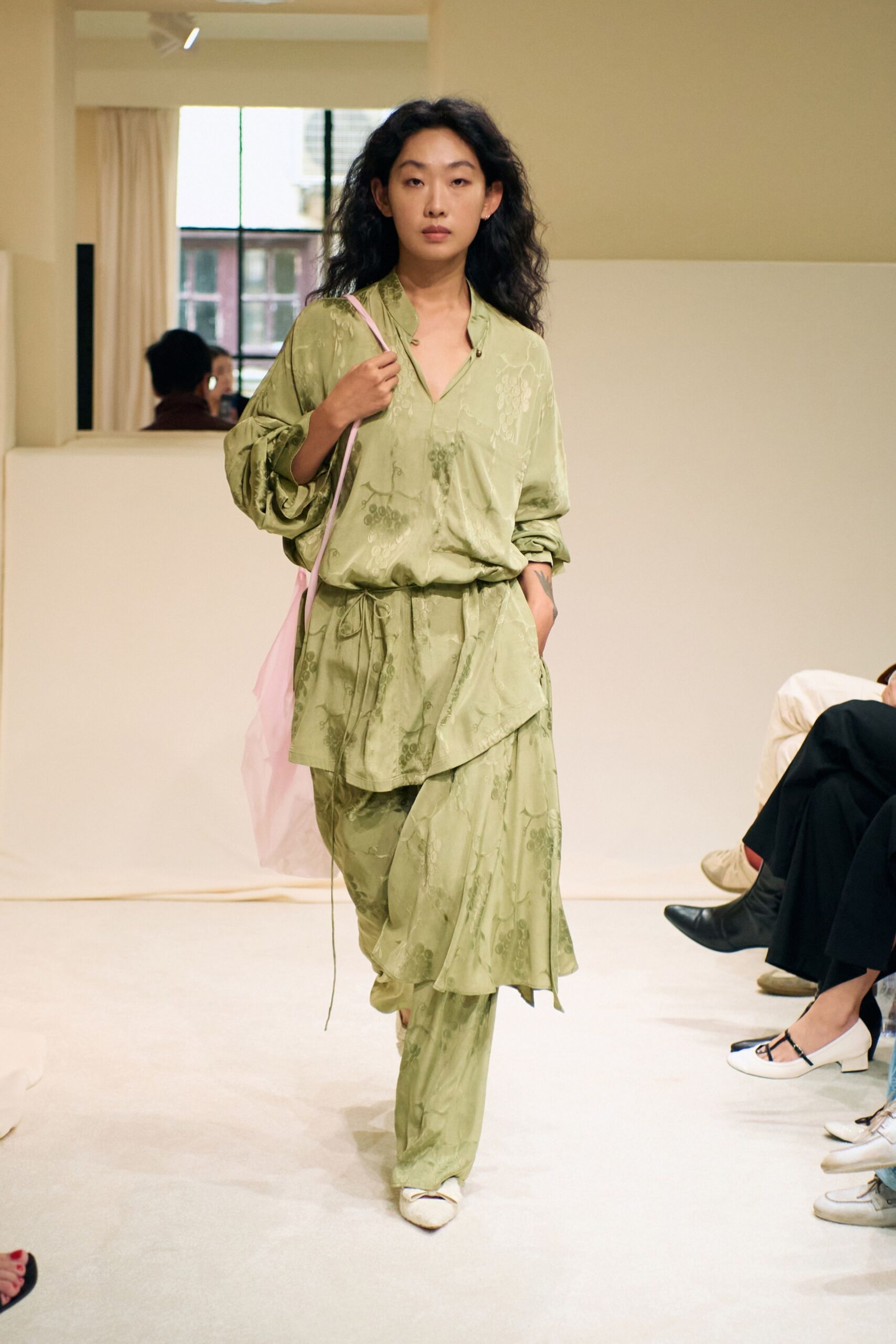 green silk long-sleeve collared relaxed layered top