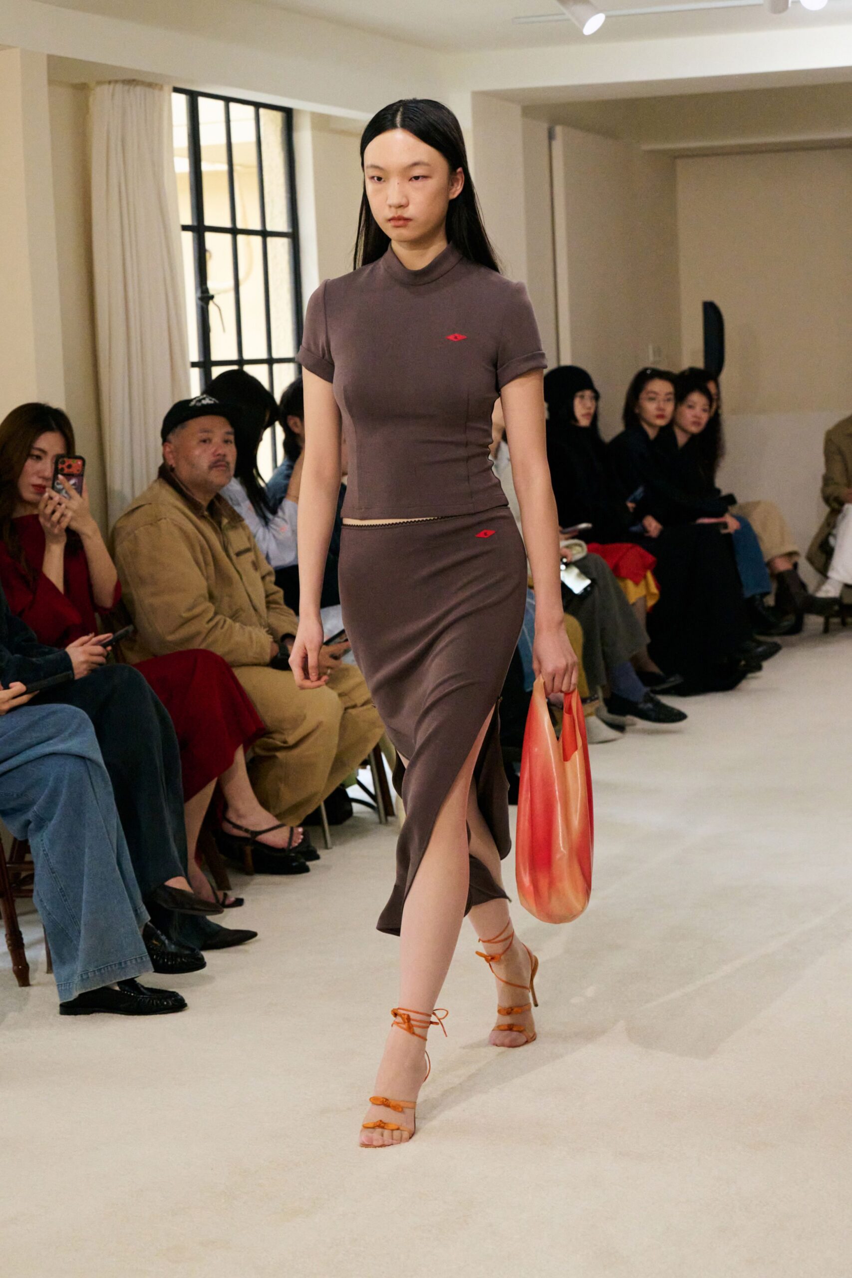 brown cotton short-sleeve v-neck fitted ribbed midi dress