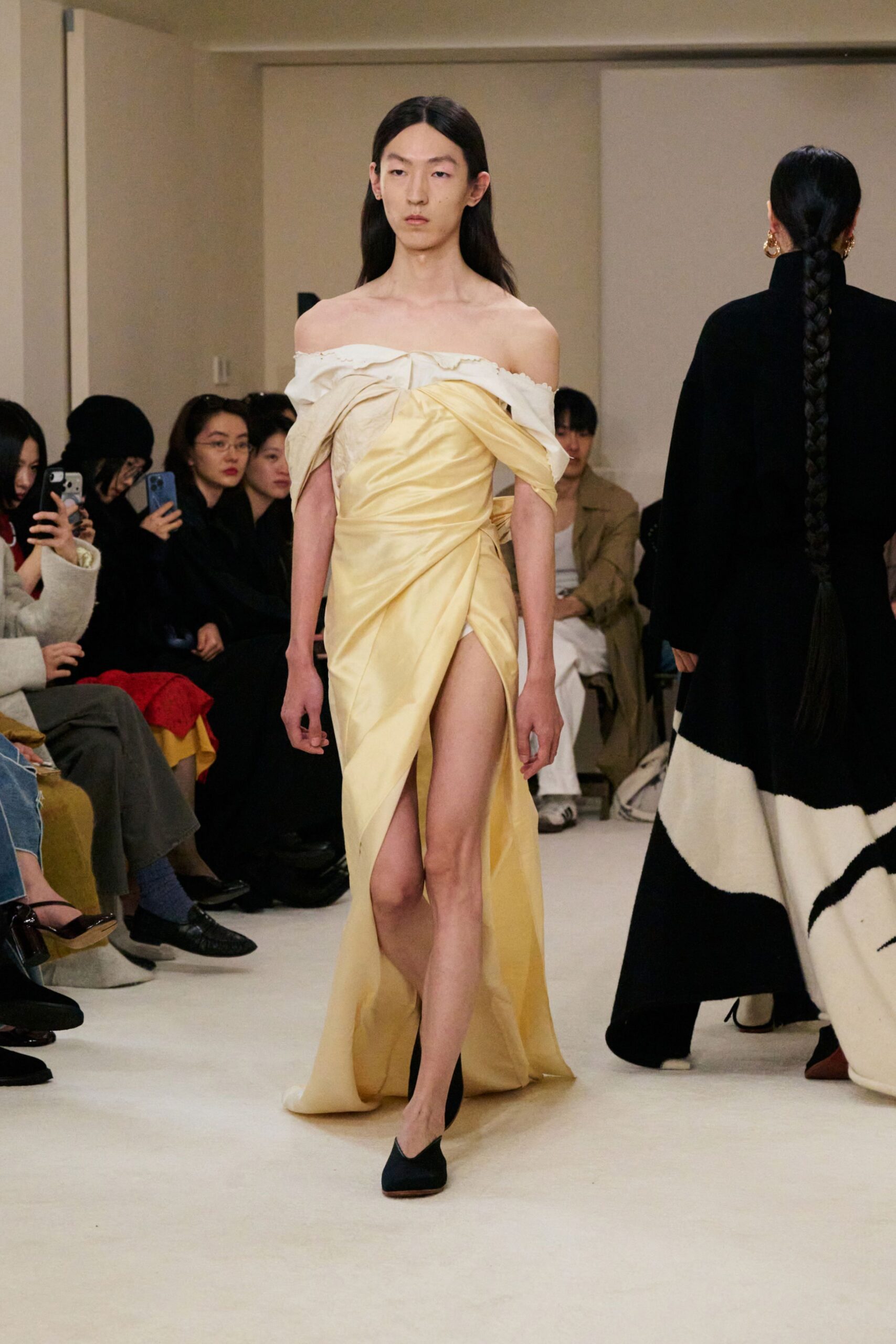 yellow silk off-shoulder slit fitted draped maxi gown