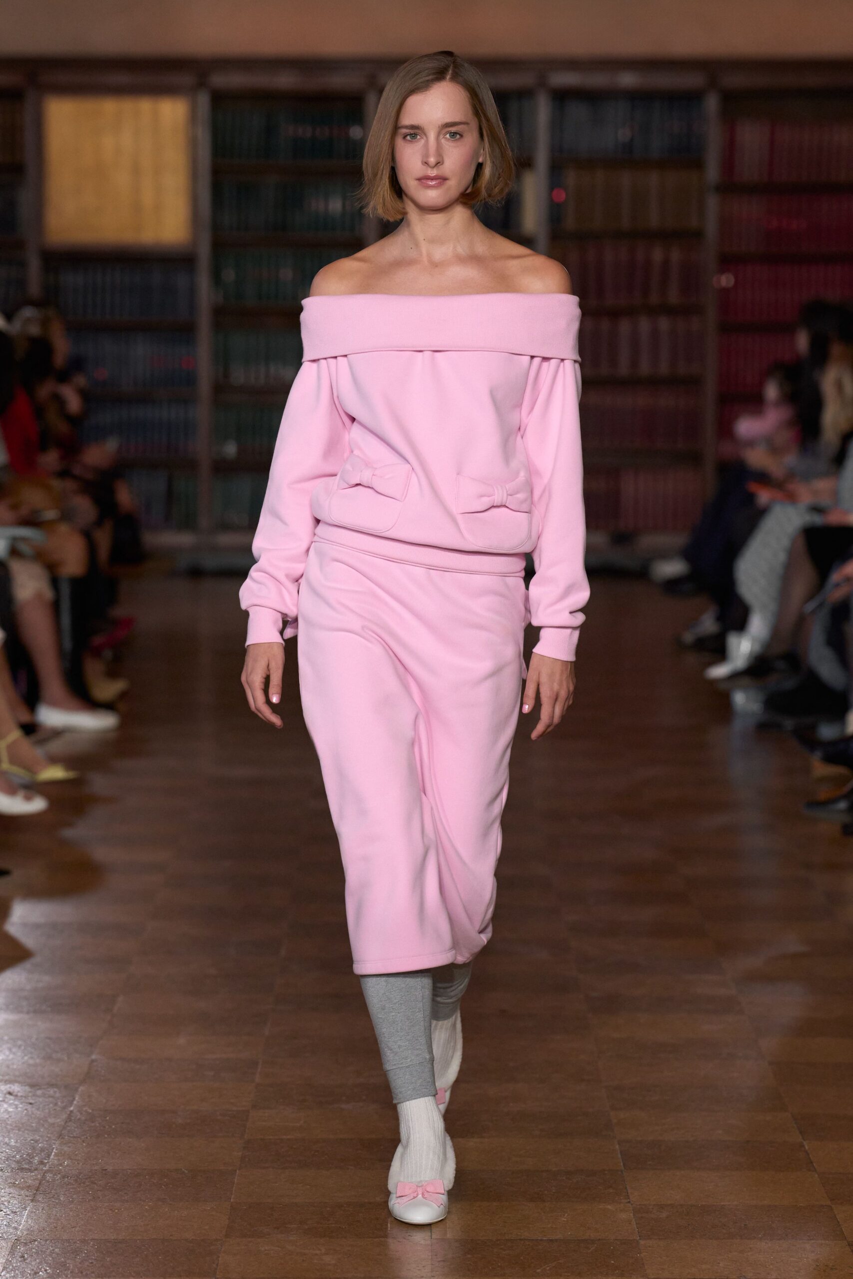 pink off-shoulder midi dress with pockets