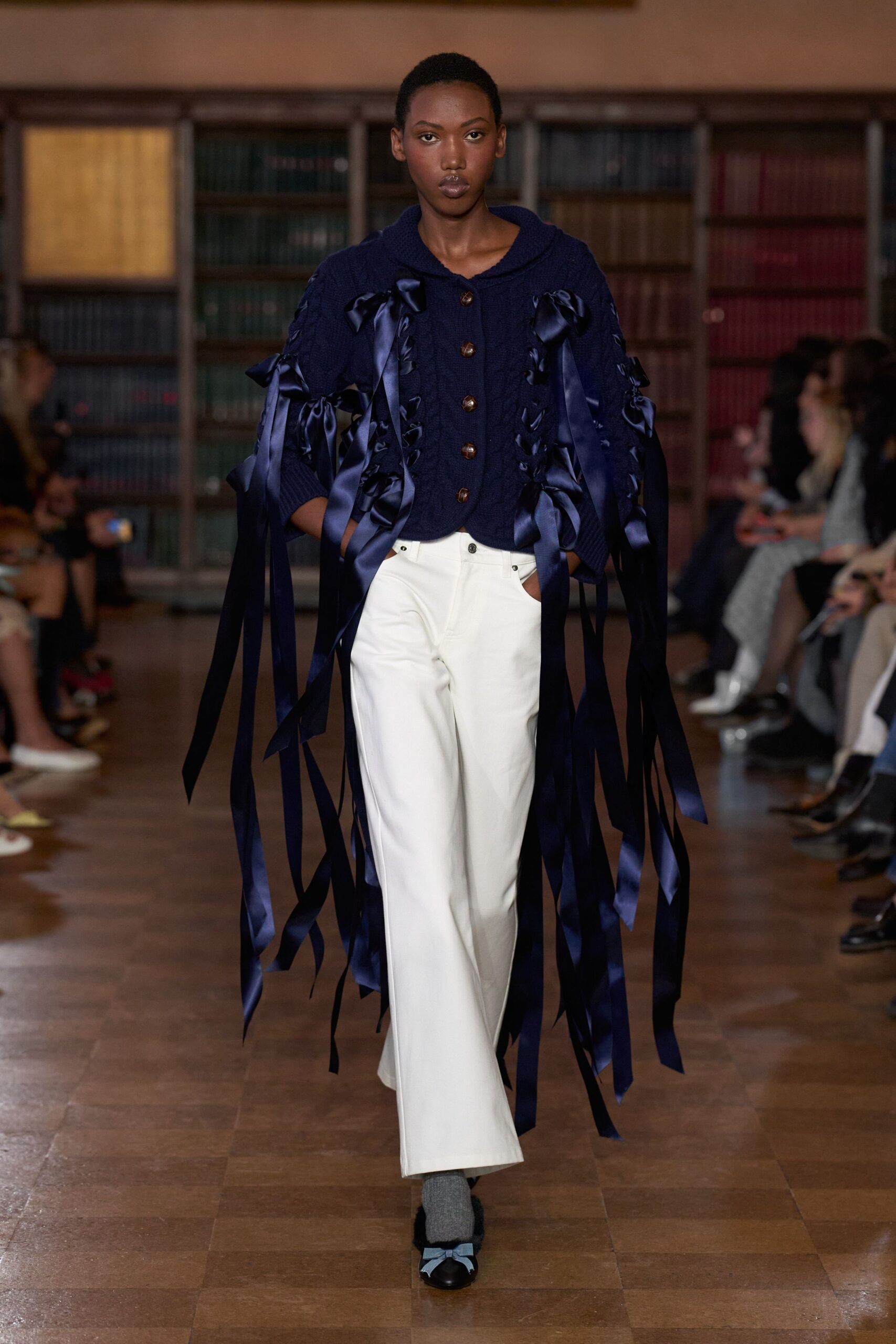 blue cotton long-sleeve collared fitted buttoned fringed sweater
