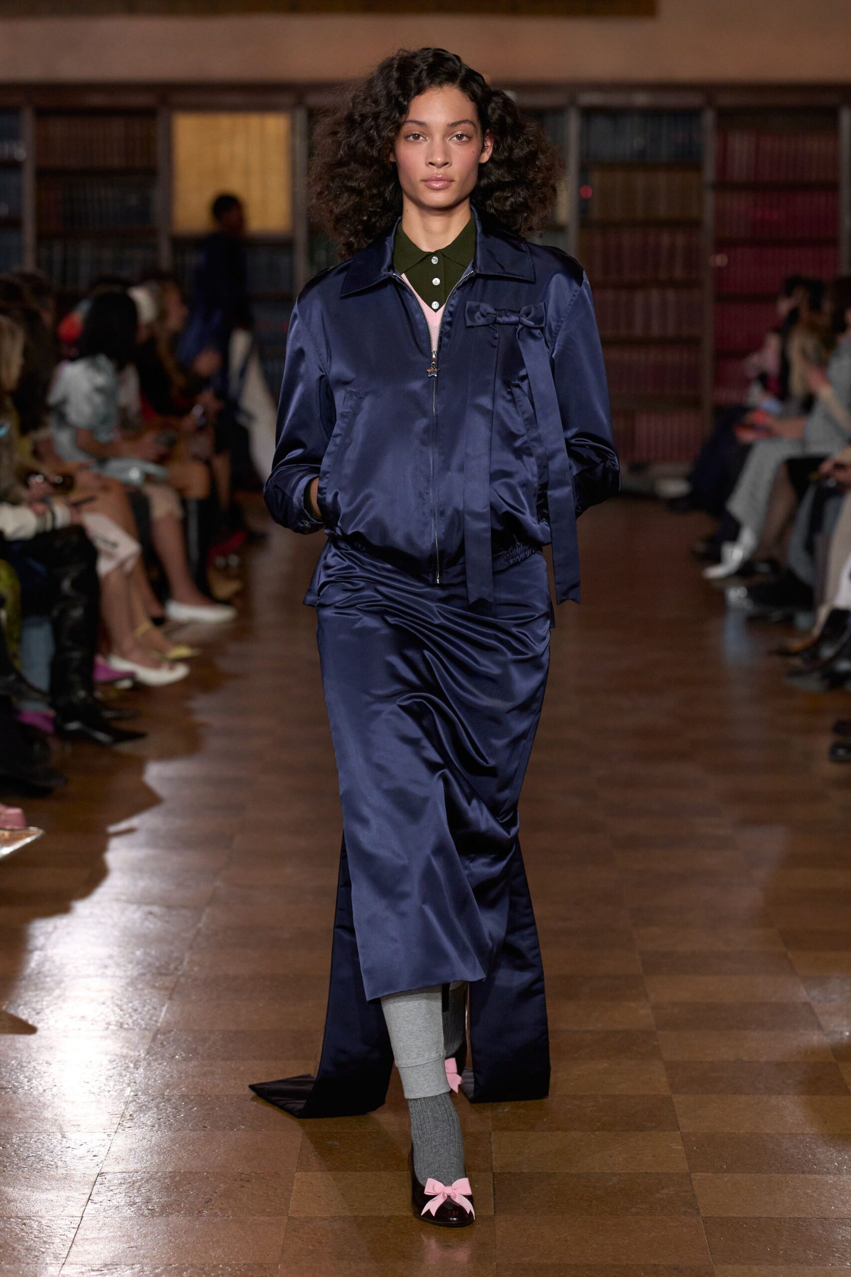 blue satin long-sleeve collared fitted shiny jacket
