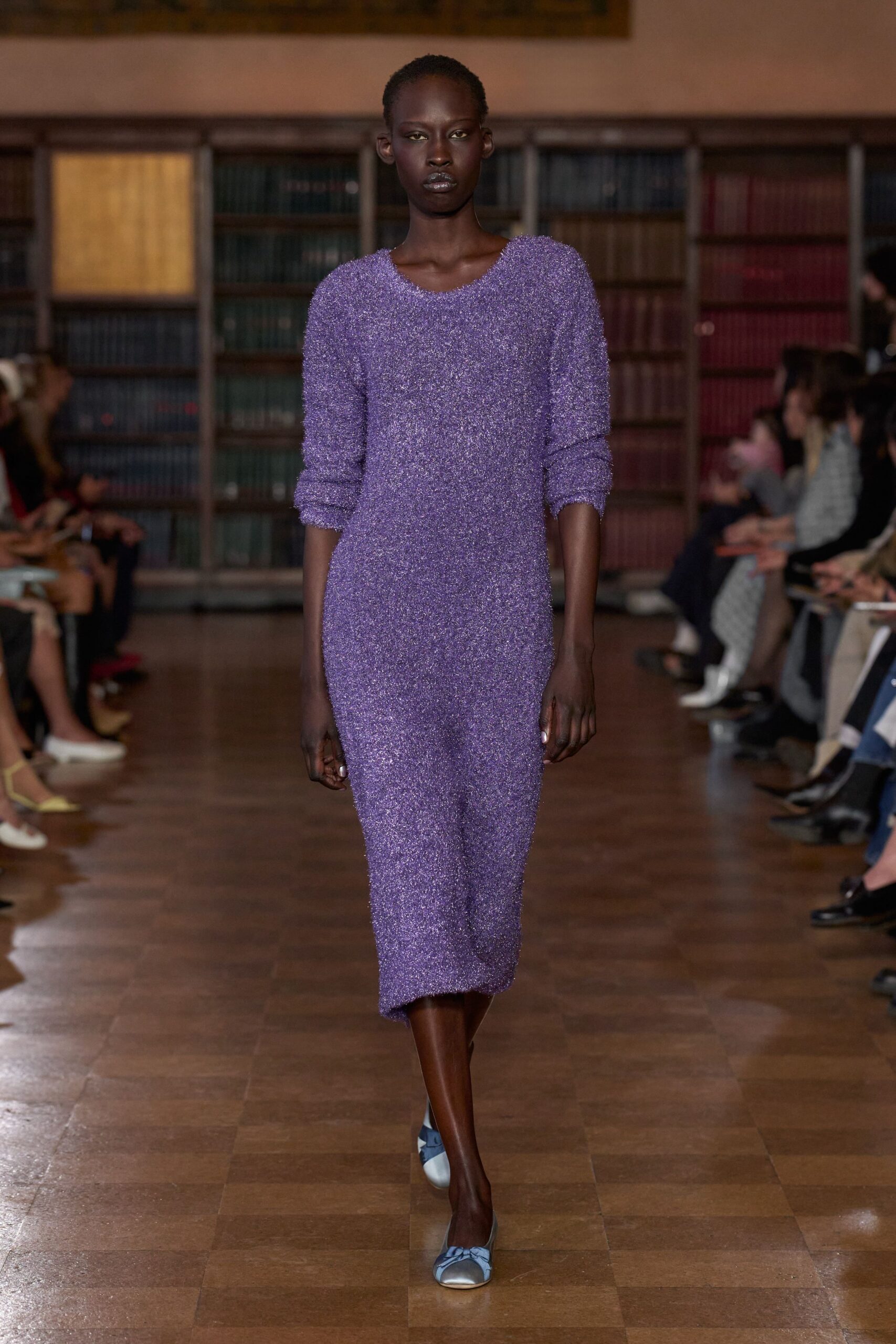 purple wool midi dress with blue shoes