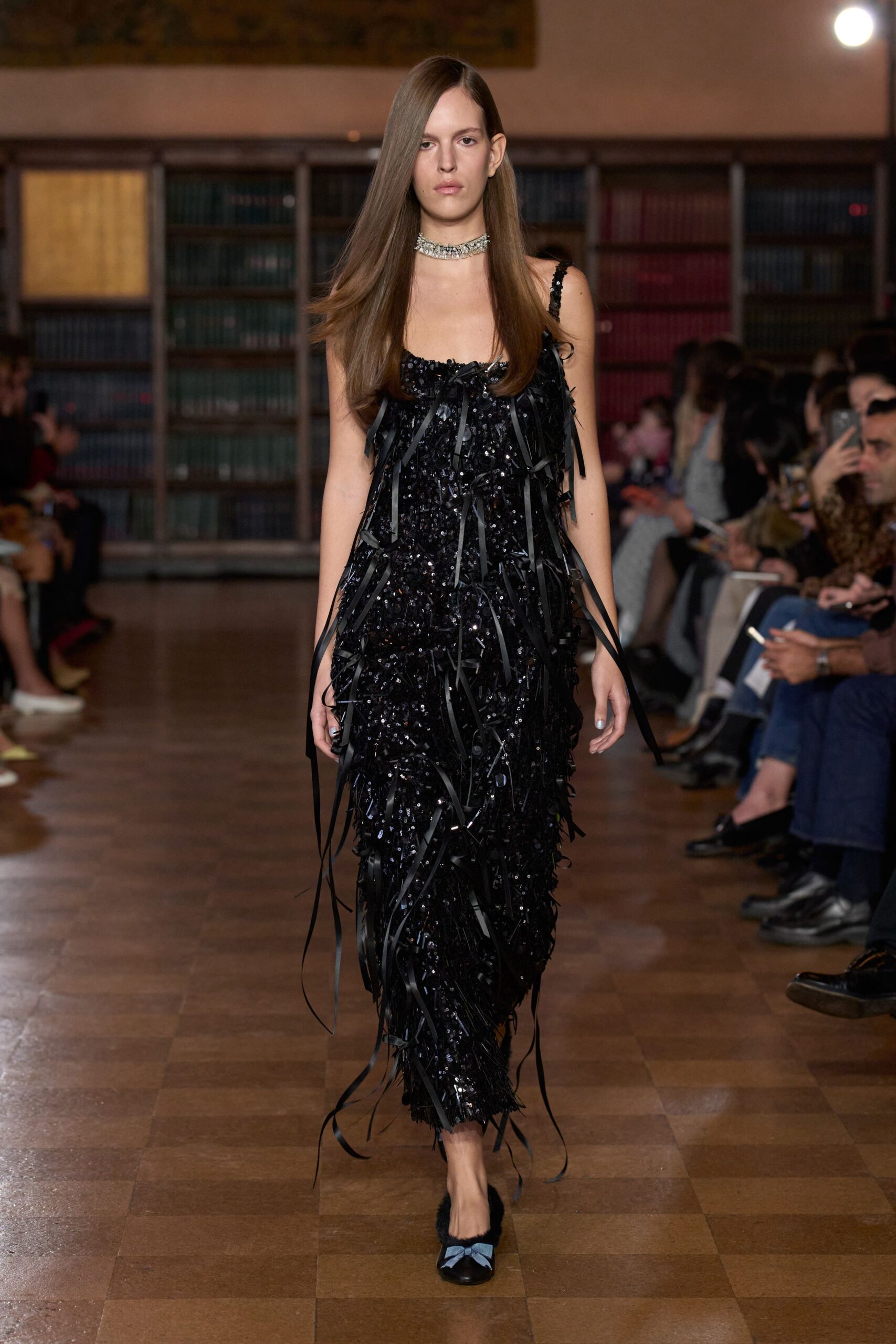 black sequin fringed midi dress