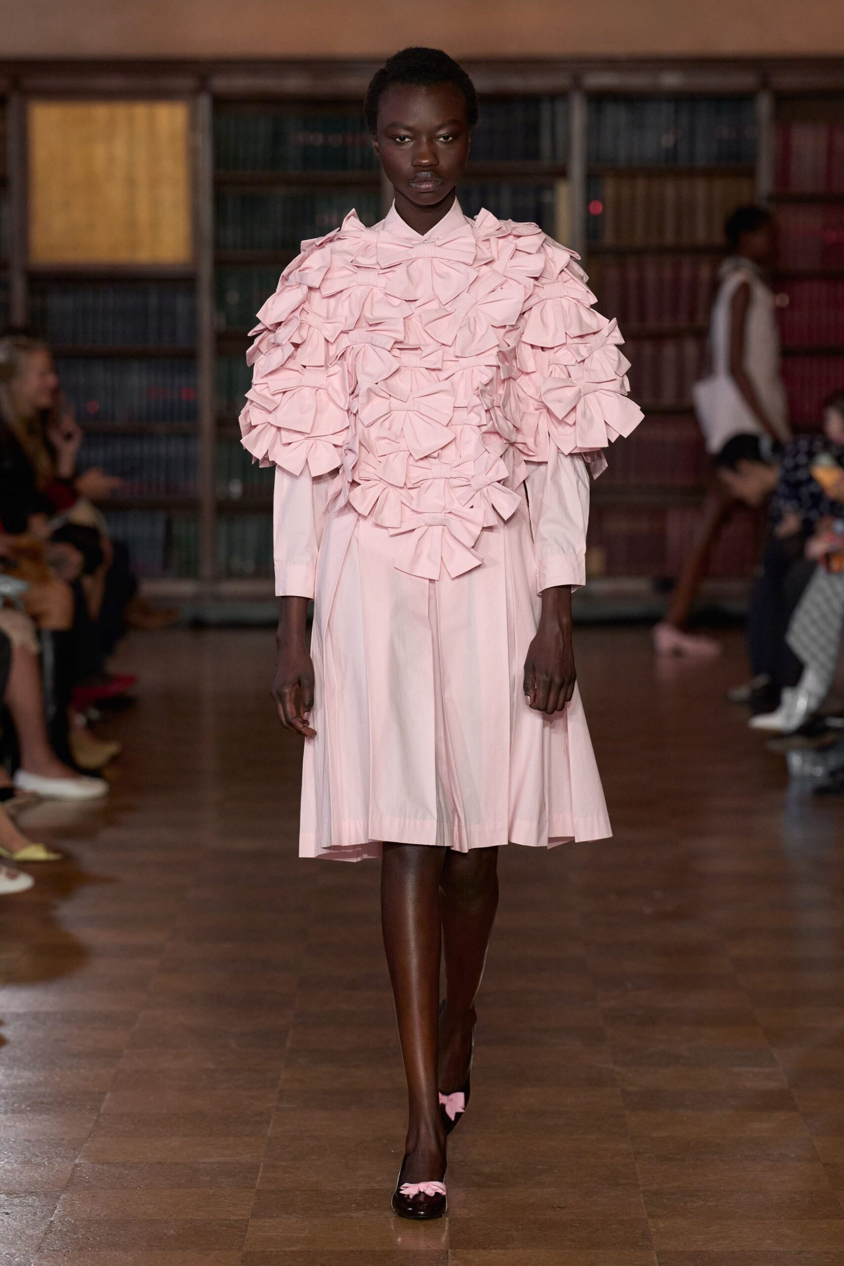 pink cotton long-sleeve collared fitted ruffled pleated dress