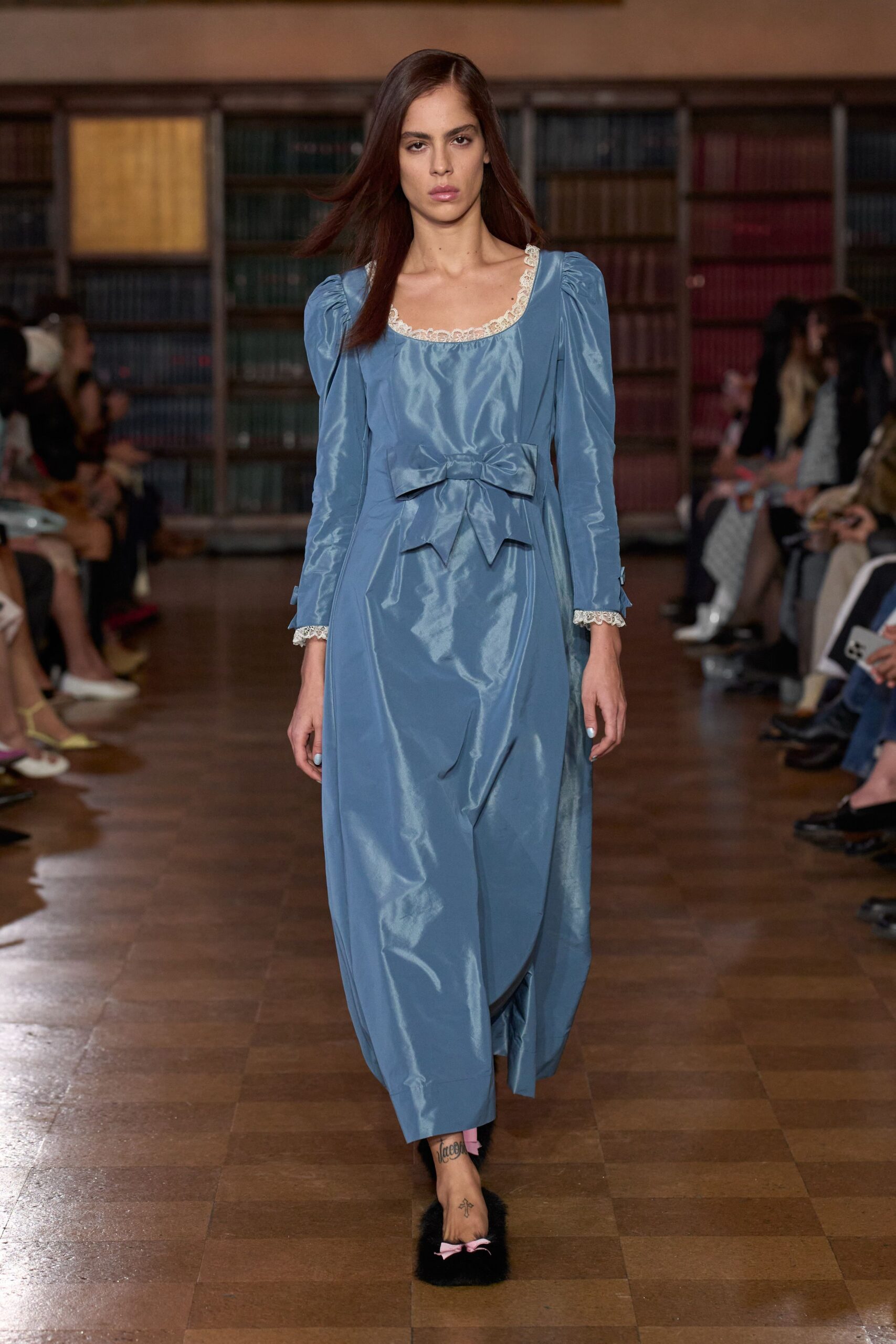 blue silk long-sleeve v-neck fitted pleated belted dress
