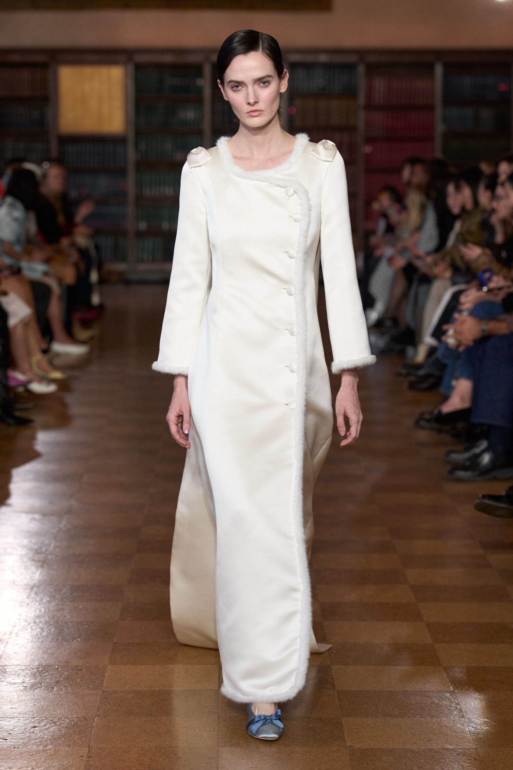 white silk long-sleeve collared fitted buttoned layered gown