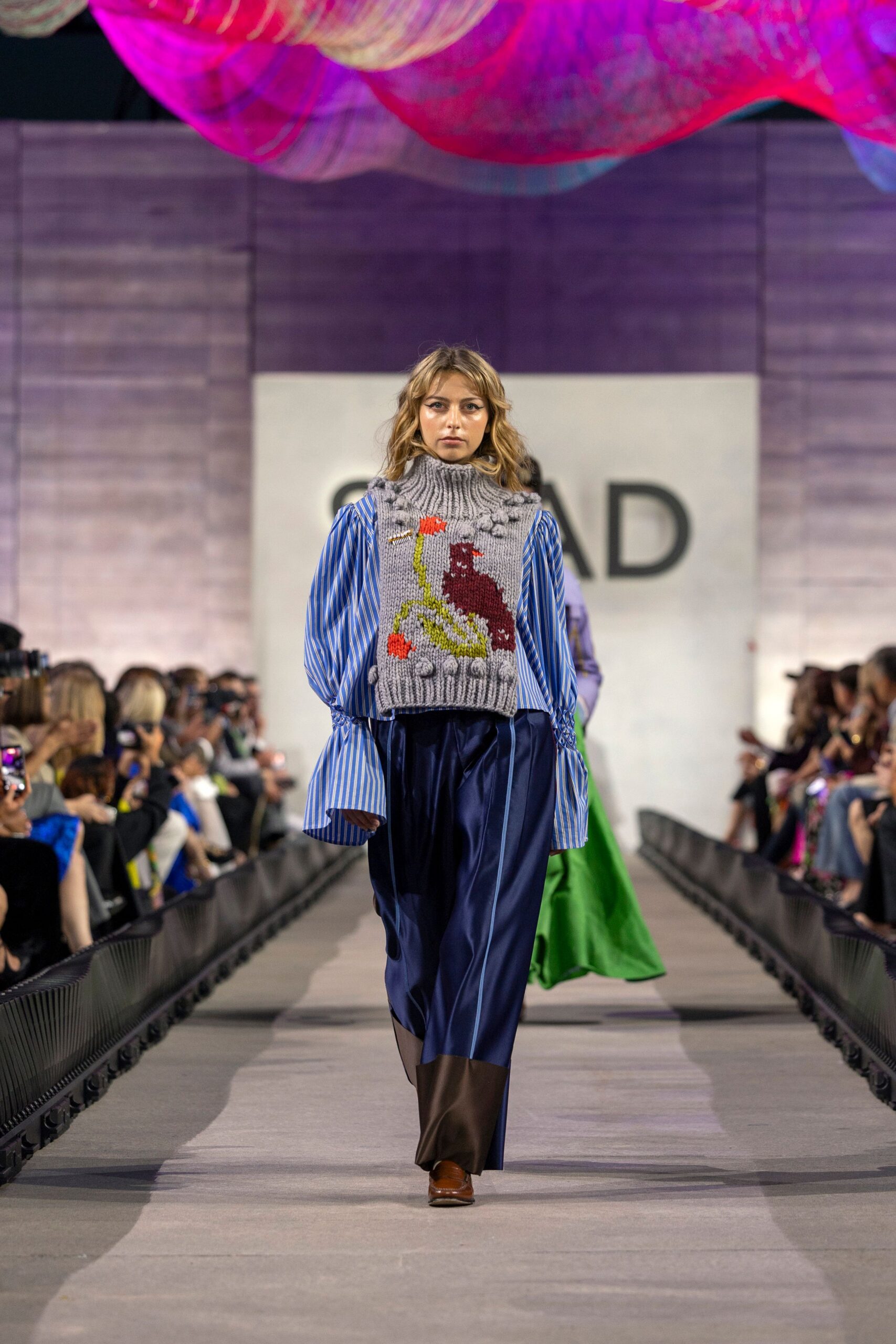 gray wool long-sleeve high-neck relaxed embroidered sweater