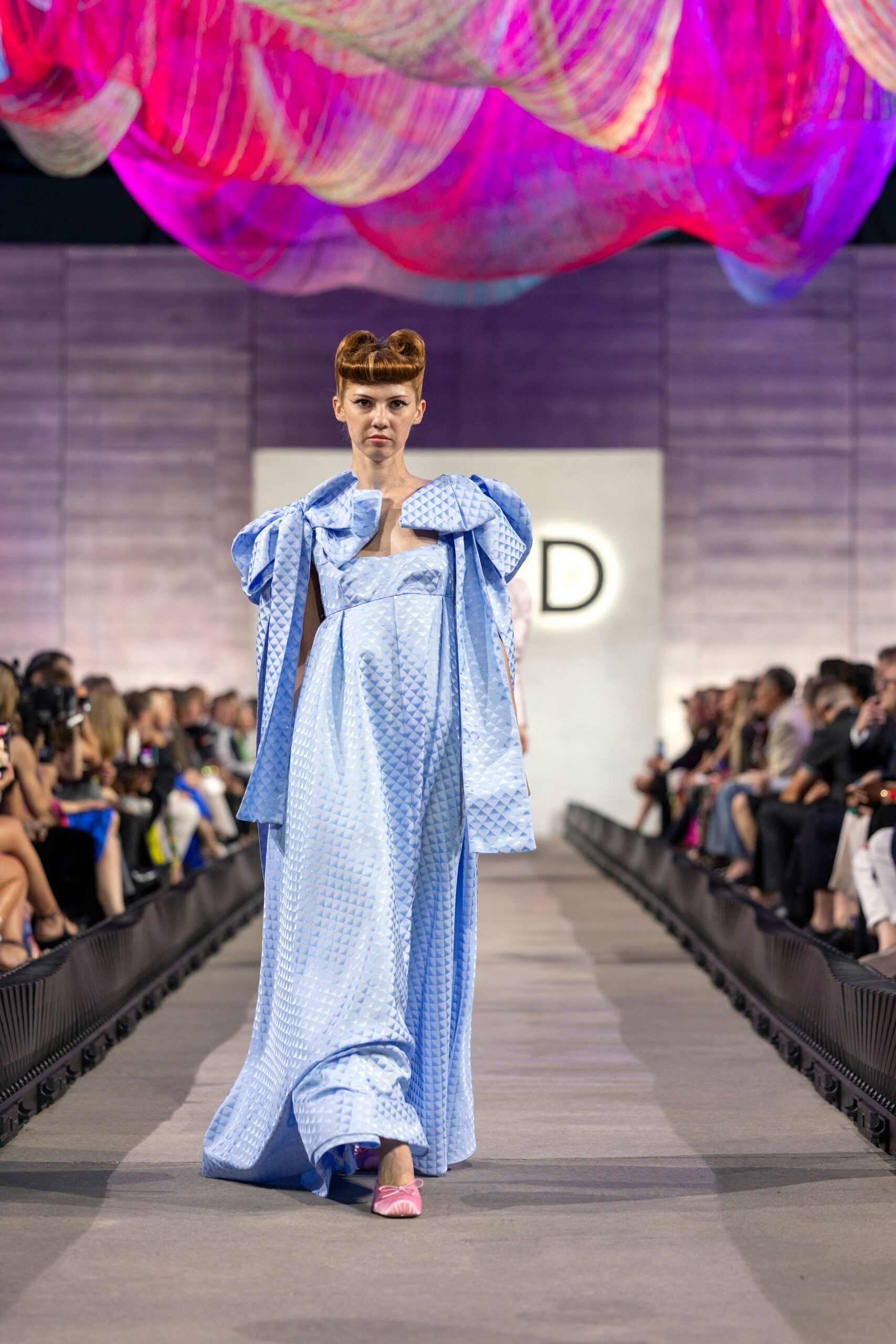 blue silk sleeveless v-neck fitted pleated layered gown