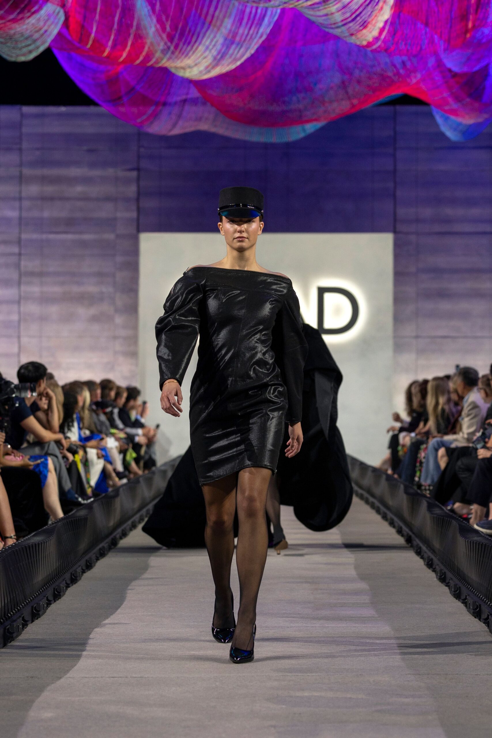 black leather long-sleeve off-shoulder fitted pencil mini dress