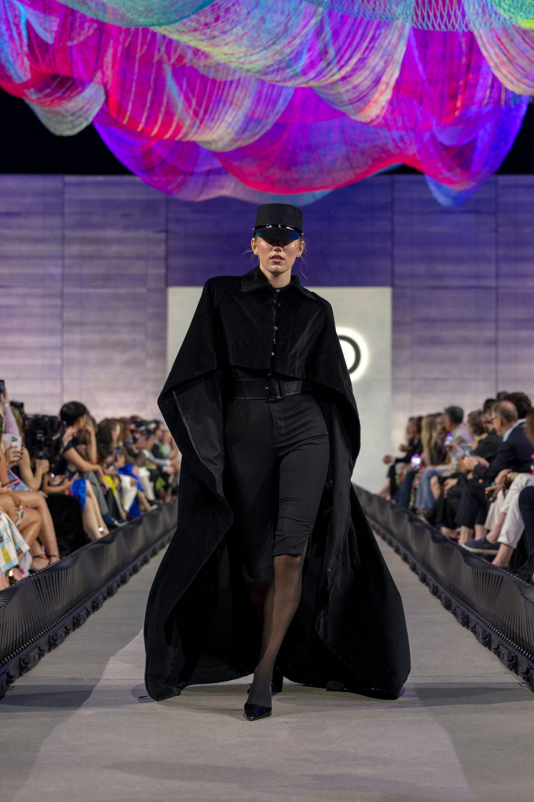 black velvet cape with fitted pants