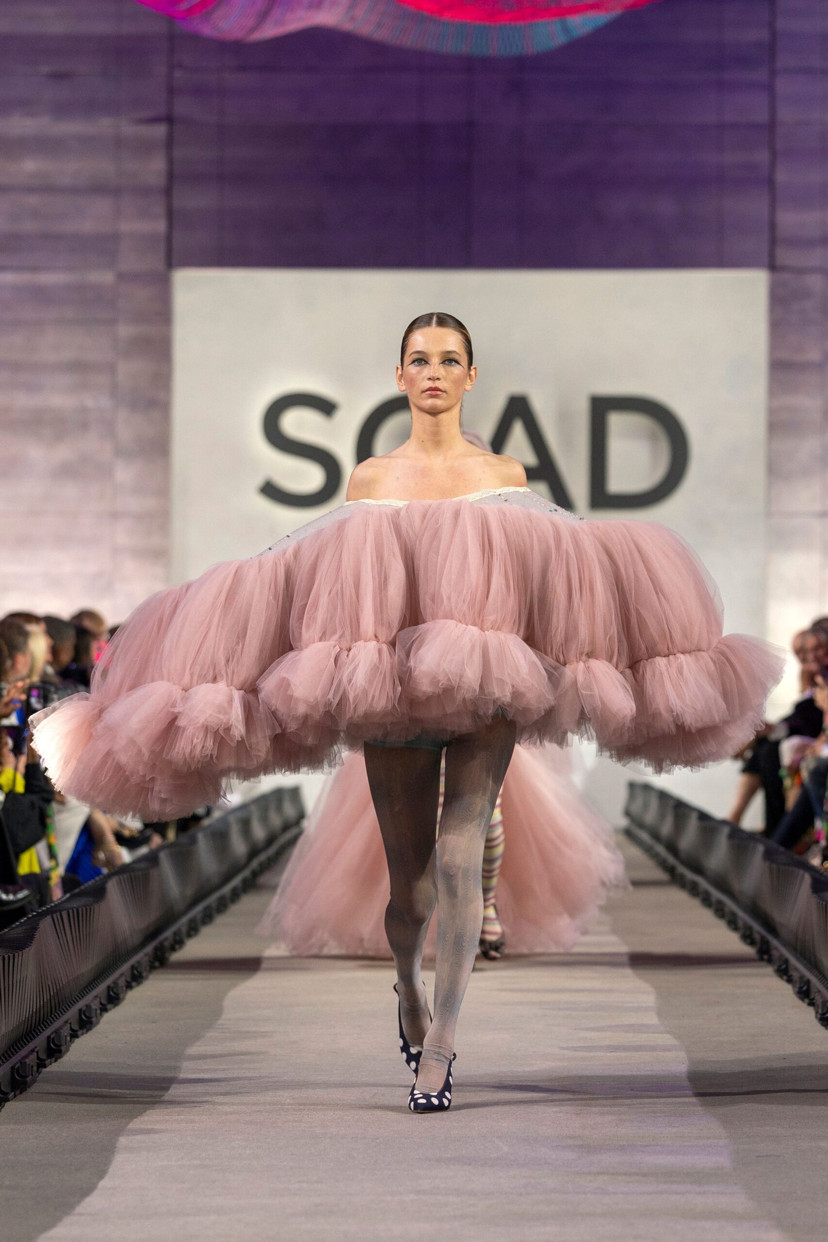pink tulle sleeveless off-shoulder fitted tiered flowing dress