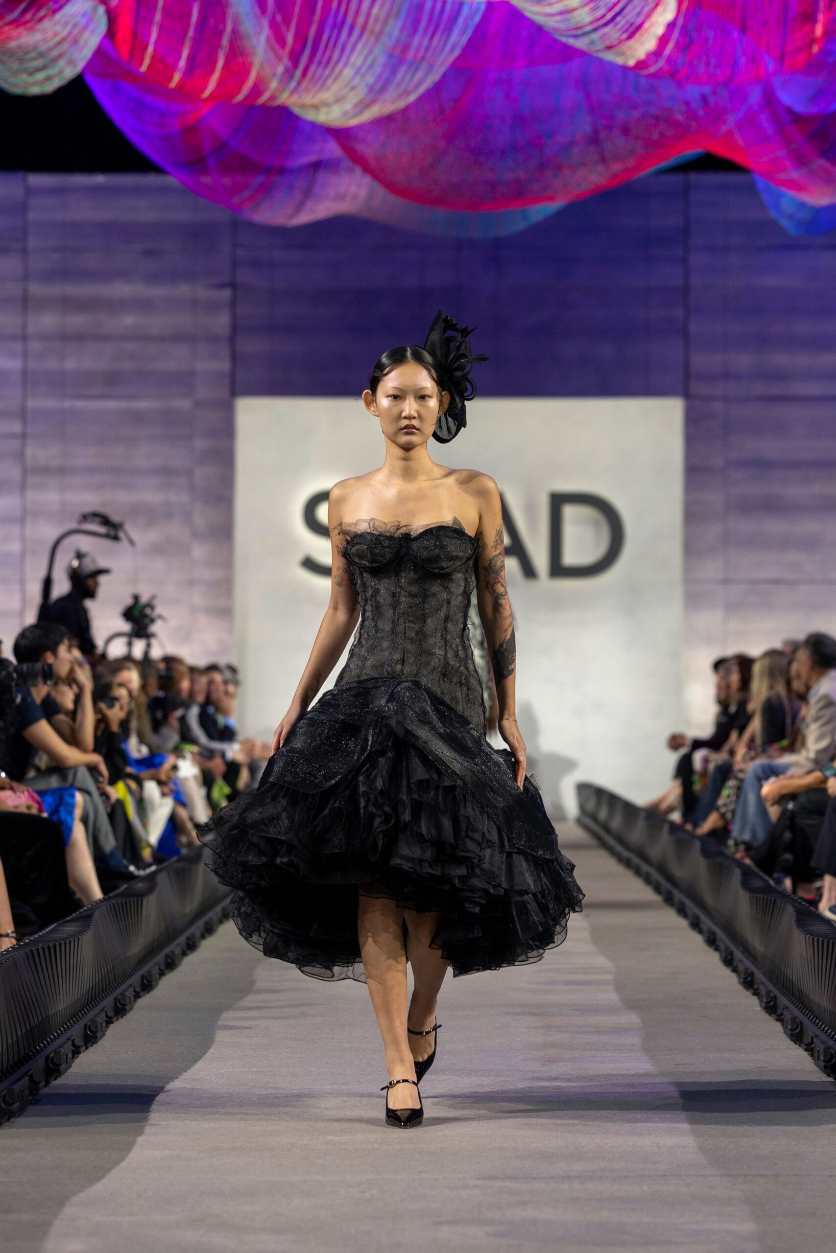 black lace strapless fitted tiered ruffled midi dress