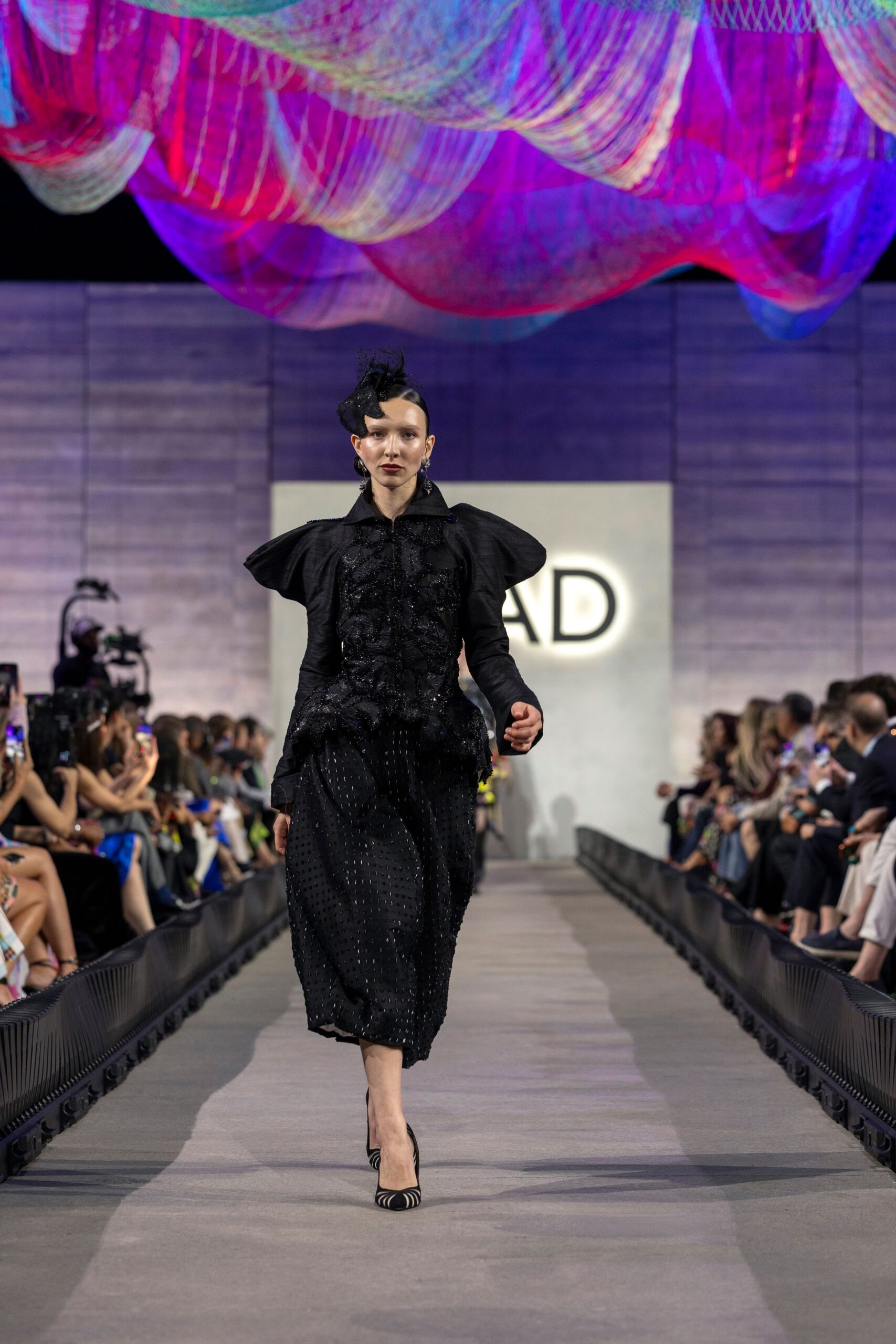 black silk long-sleeve collared fitted pleated embellished dress