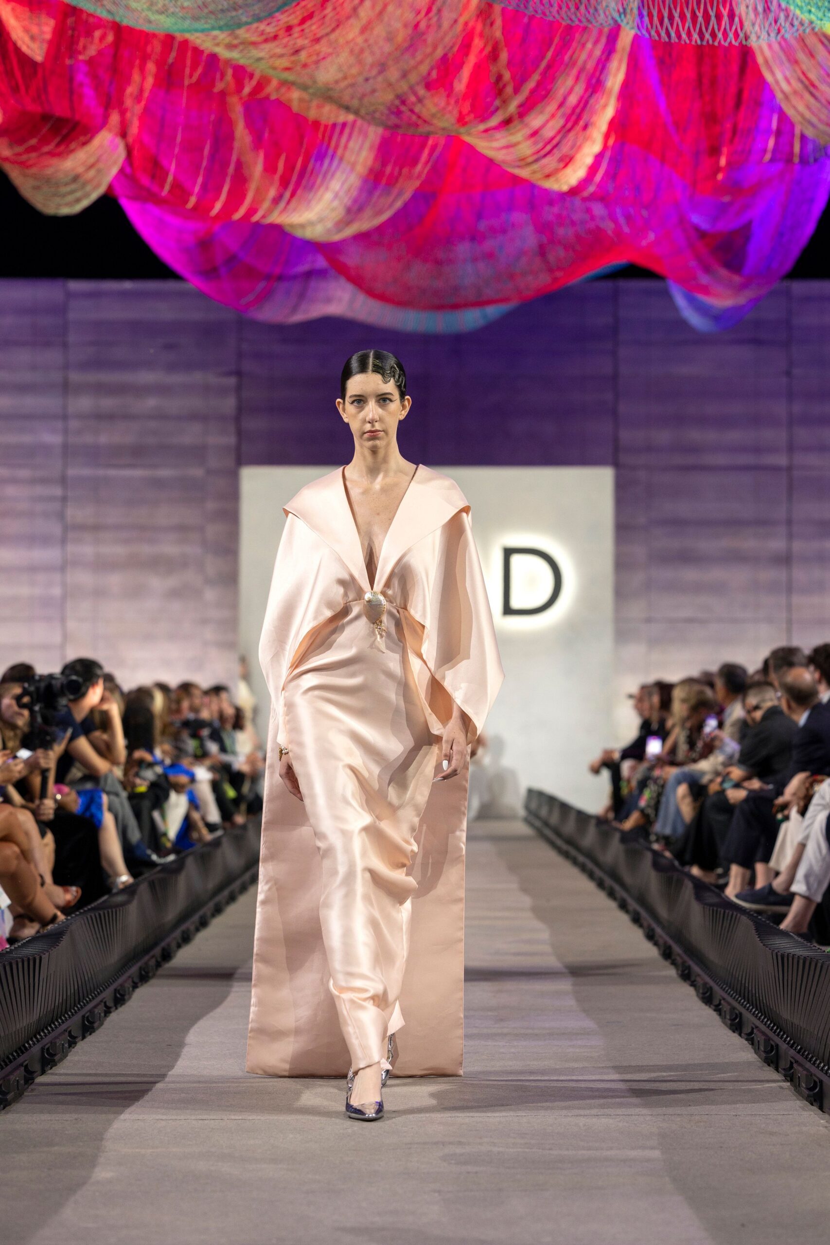 pink silk draped gown