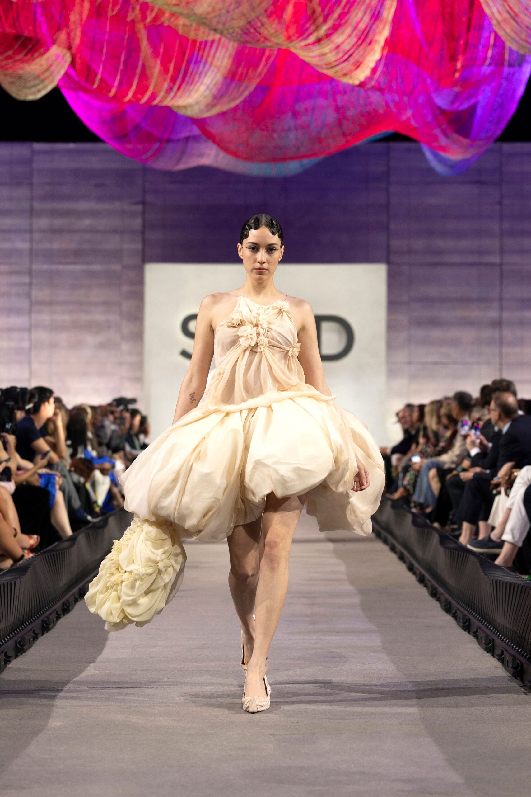beige silk sleeveless v-neck fitted ruffled tiered dress
