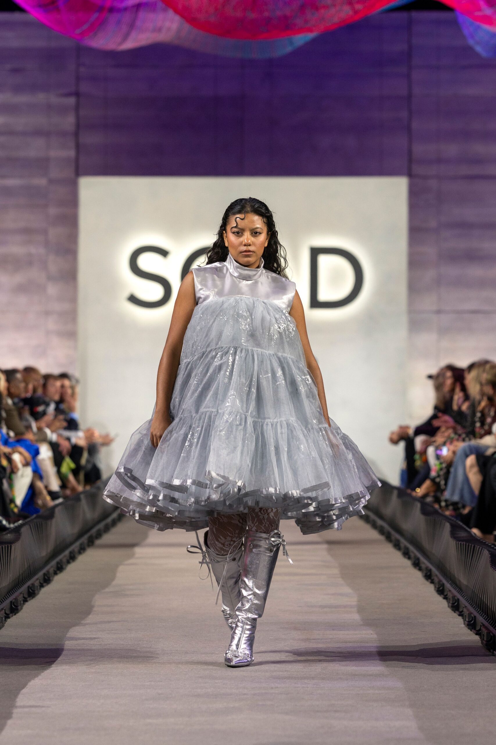 gray vinyl sleeveless high-neck fitted tiered pleated dress
