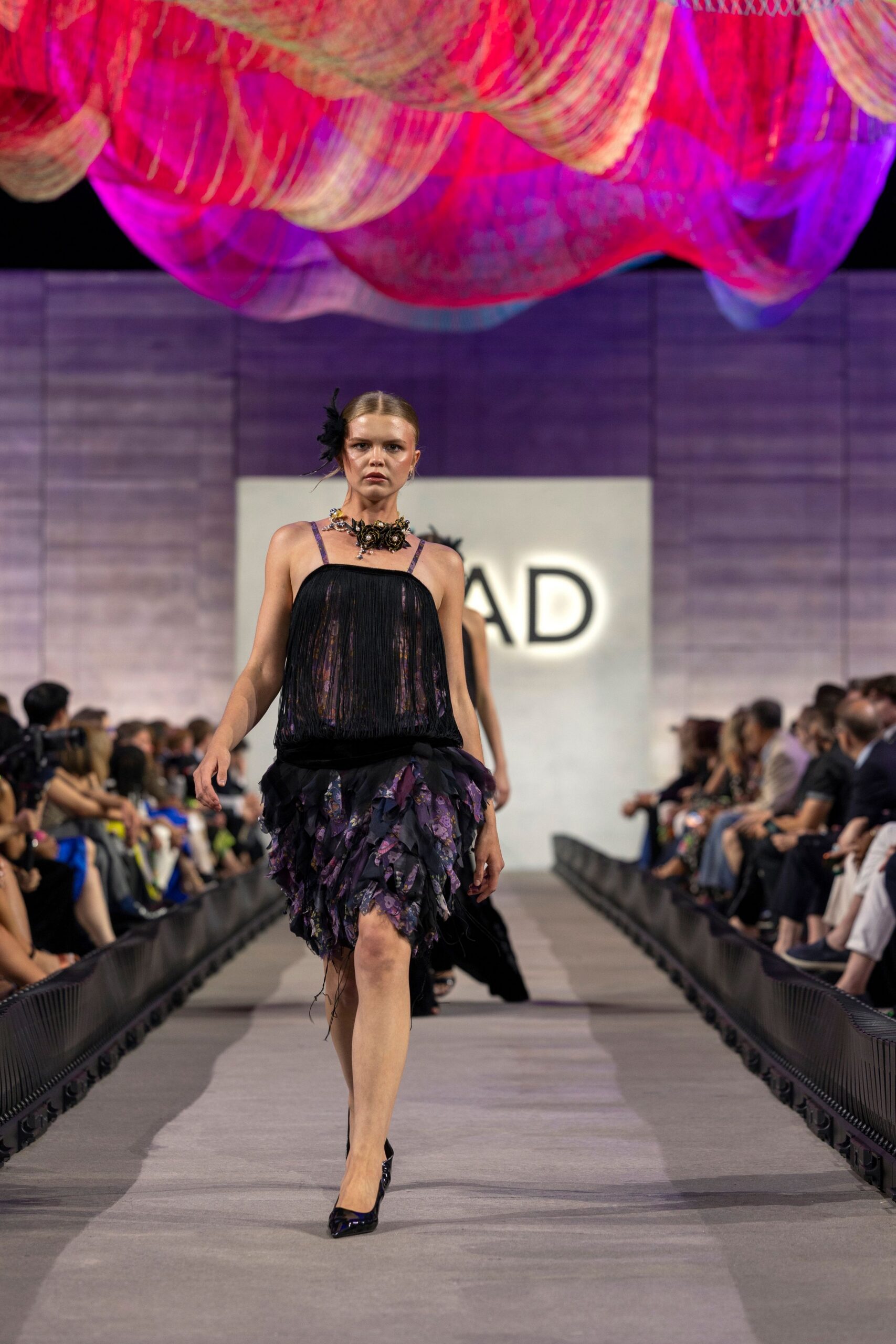 black silk sleeveless v-neck fitted ruffled layered dress