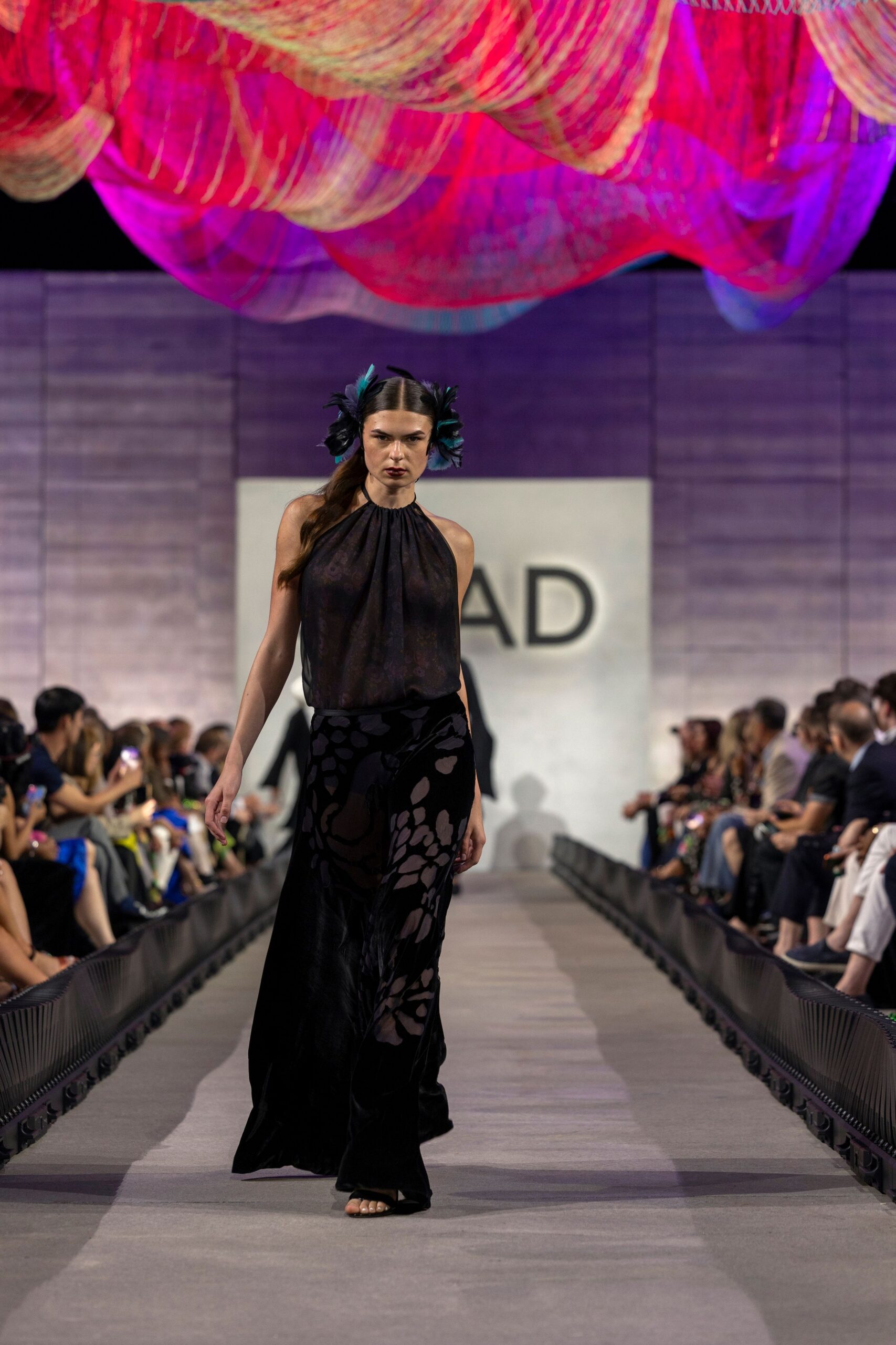black silk sleeveless high-neck fitted flared layered gown